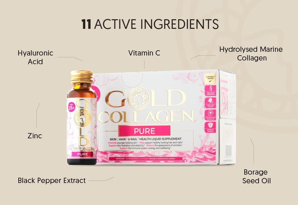 GOLD COLLAGEN GOLD COLLAGEN Pure - Collagen Supplements for Women & Men Biotin Hair Growth, Skin & Nail, Anti Wrinkle Immune System Booster Marine Collagen and Hyaluronic Acid, Vitamin C B6 and Zinc 3 Pack 10x50 ml