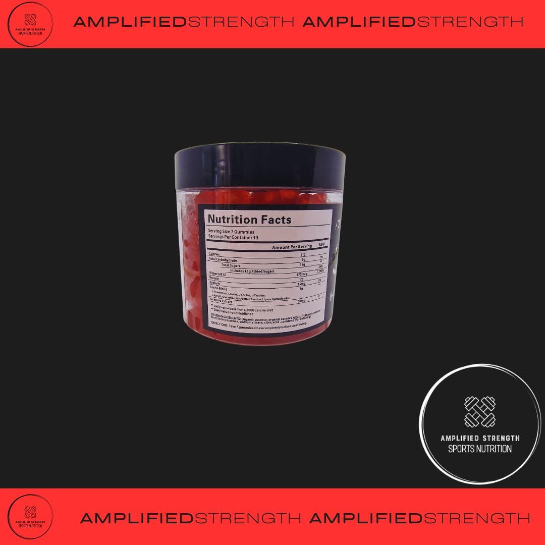 Amplified Strength Amplified Strength - Pre-Workout Gummies - 90 Gummies - Cherry Flavour - B12 - Amino - Guarana - Fitness - Workout - Gym
