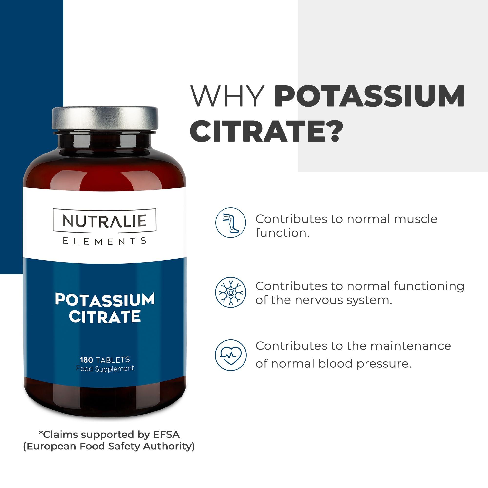 NUTRALIE Potassium - Potassium Citrate - High Dose - 2880mg - Element Pure Potassium +1000mg - Muscle - Potassium Citrate - 180 Tablets - Nutralie