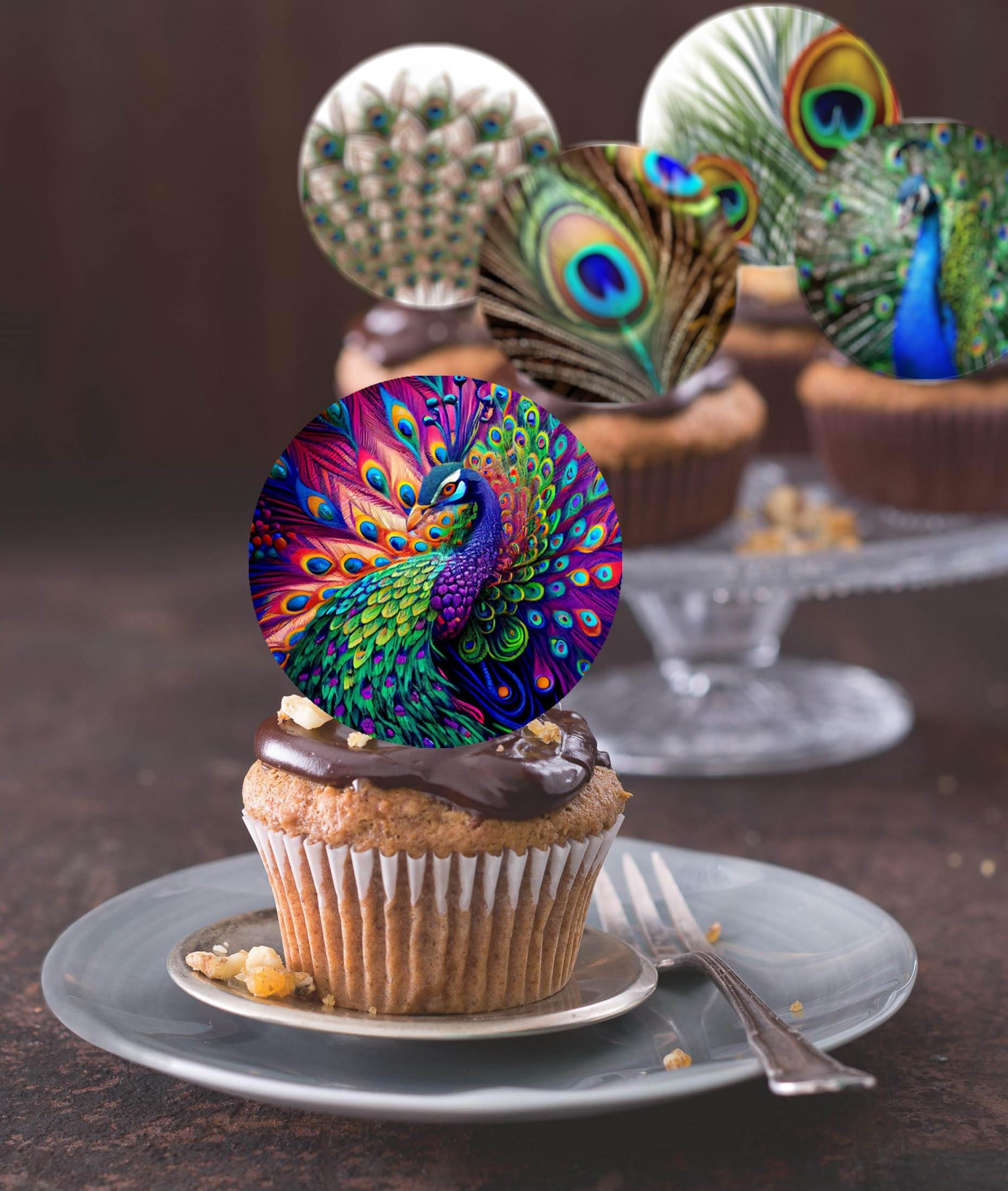 Anglesit 24 x Pre-Cut Peacock 1 Edible Stand up Wafer Paper Cupcake Toppers Cake Decorations Birthday Party Peafowl Feather Bird