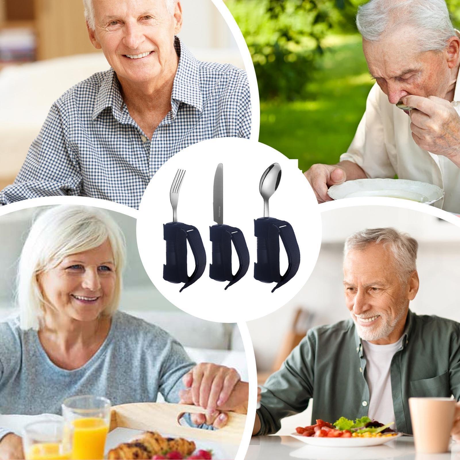 Kirdume Eating Utensils for Disabled People | 3X Adaptive Elderly Cutlery for Hand Tremors,Stainless Steel Spoon Fork Set, Adaptive Eating Flatware for Muscle Weakness, Disability