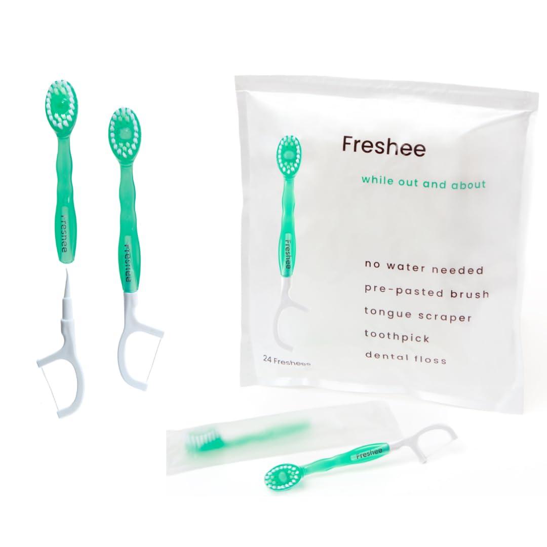 Freshee Freshee Bead - 5 in 1 Disposable Mini Toothbrush with Toothpaste + Floss + Pick + Tongue Scraper | Travel Size | Individually Wrapped | Soft | Extra Minty | Travel Set | Oral Care