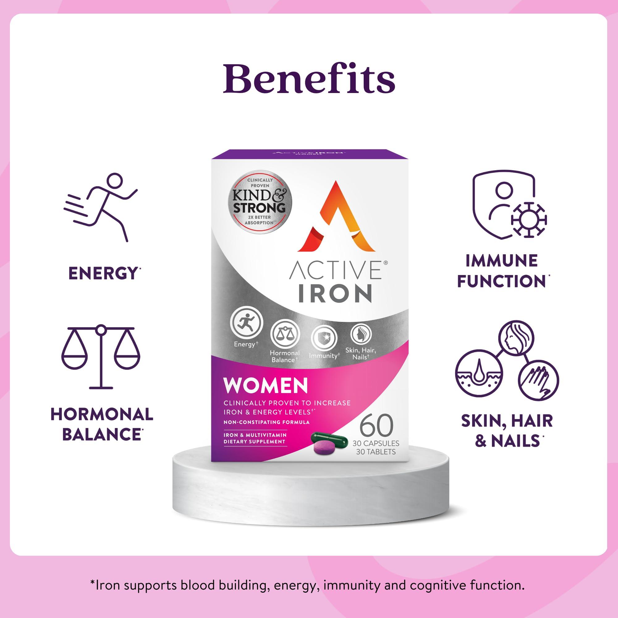 Solvotrin Active Iron Women with Active Multivitamin Supplement 17 mg, High Strength B Vitamins, Non-Constipating, 30 Iron Capsules & 30 Active Multivitamins, 1 Month Supply