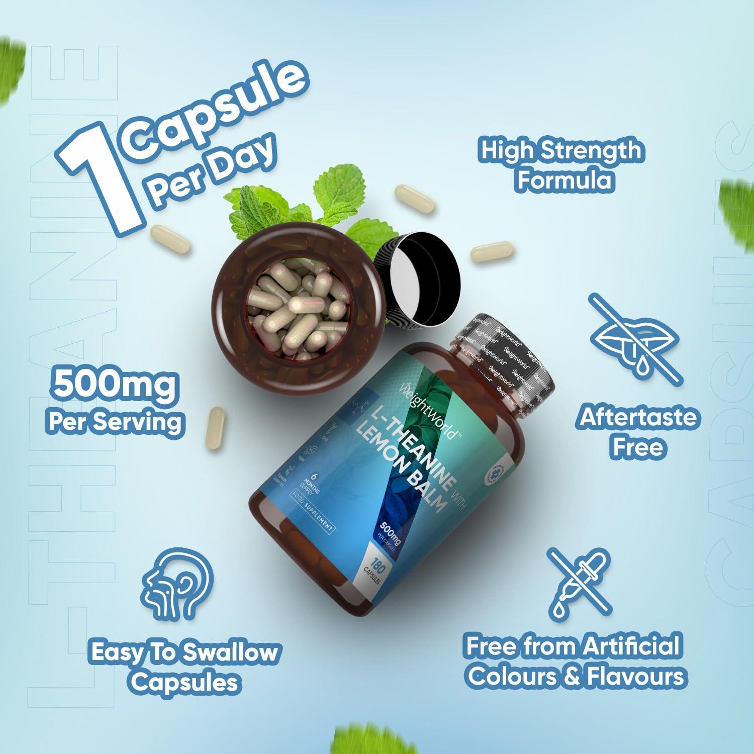 WeightWorld L Theanine with Lemon Balm 500mg - 180 Vegan Capsules - Natural Nootropics L-Theanine Supplements - High Strength L-Theanine Capsules - 6 Months Supply - Alternative to Coffee - Non GMO & Gluten Free