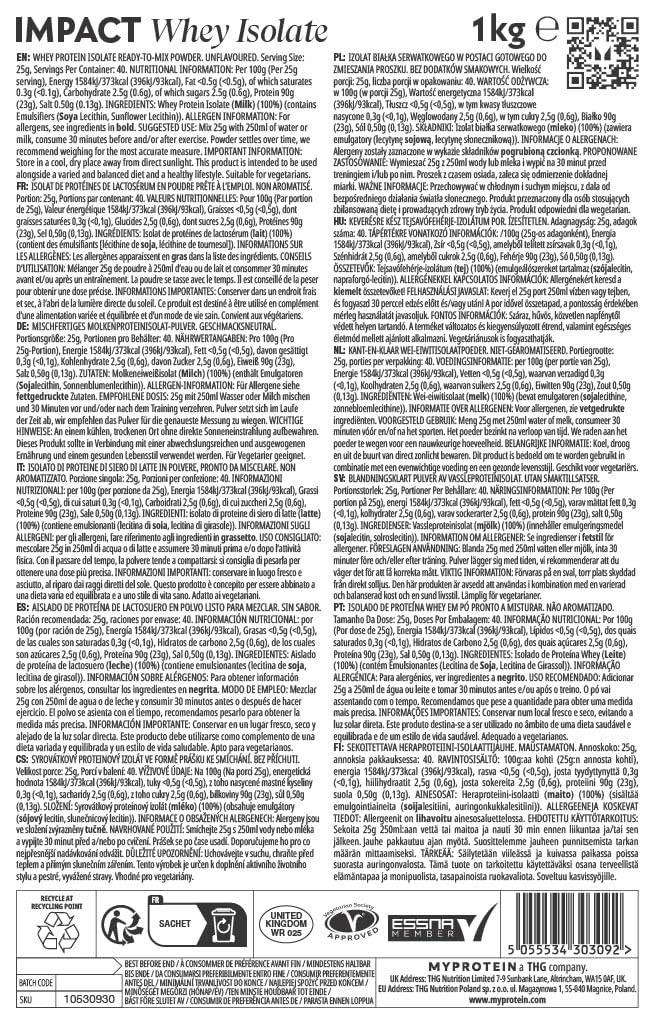 Myprotein Myprotein Impact Whey Isolate Unflavoured Proteins Supplement, 1 kg