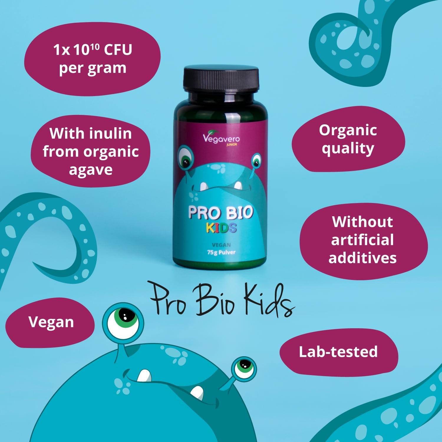 Vegavero Organic Probiotics for Kids Vegavero | NO Additives | Organic Prebiotic Inulin and 5 Bacterial Strains with 10 Billion CFU | for Children 3+ Years | 75g Powder | Spoon Included