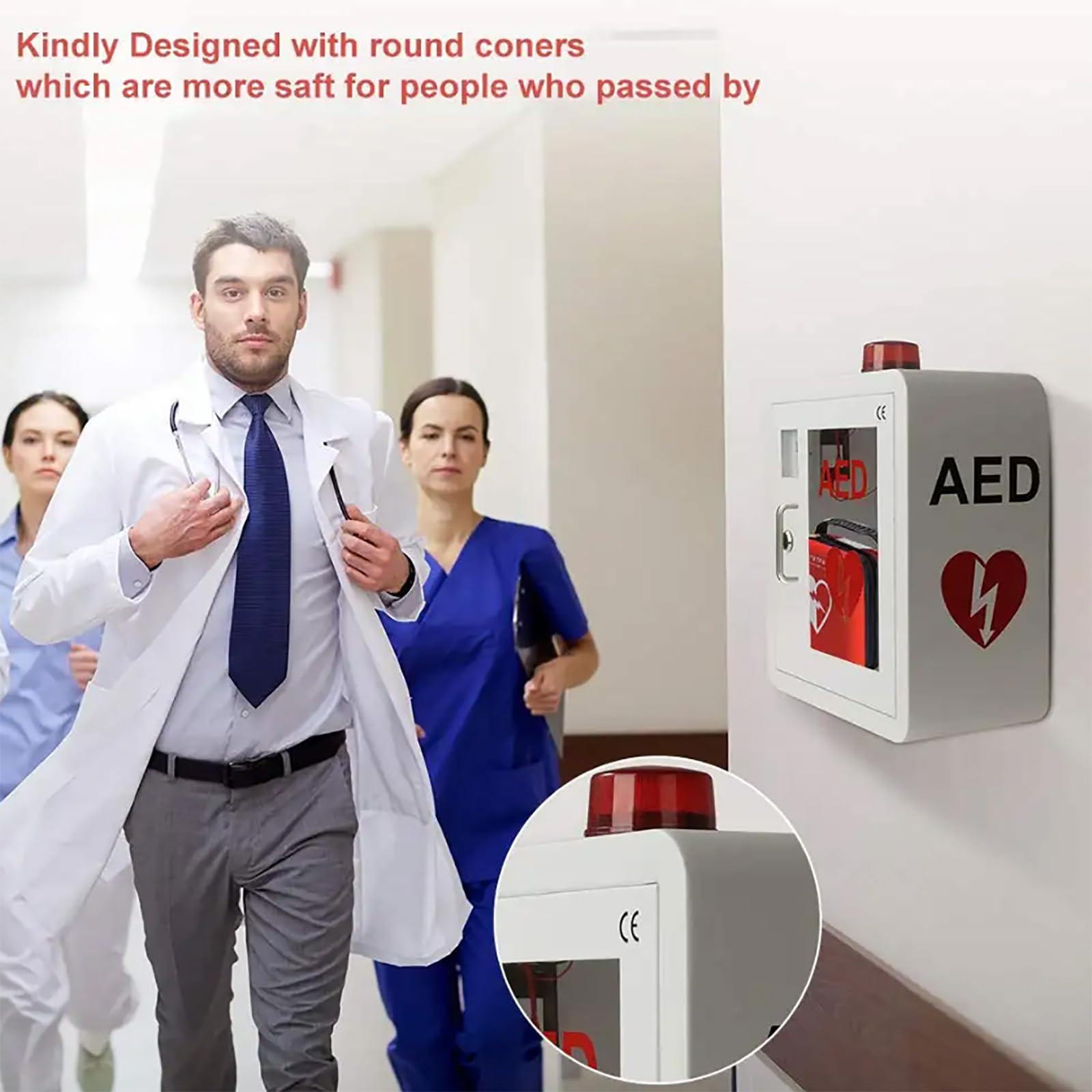 FreshCart Basics AED Defibrillator Storage Cabinet - Wall Mounted Storage with Key & Alarm | Home & Office First Aid Organizer for AED Defibrillator - Rounded Corner Design