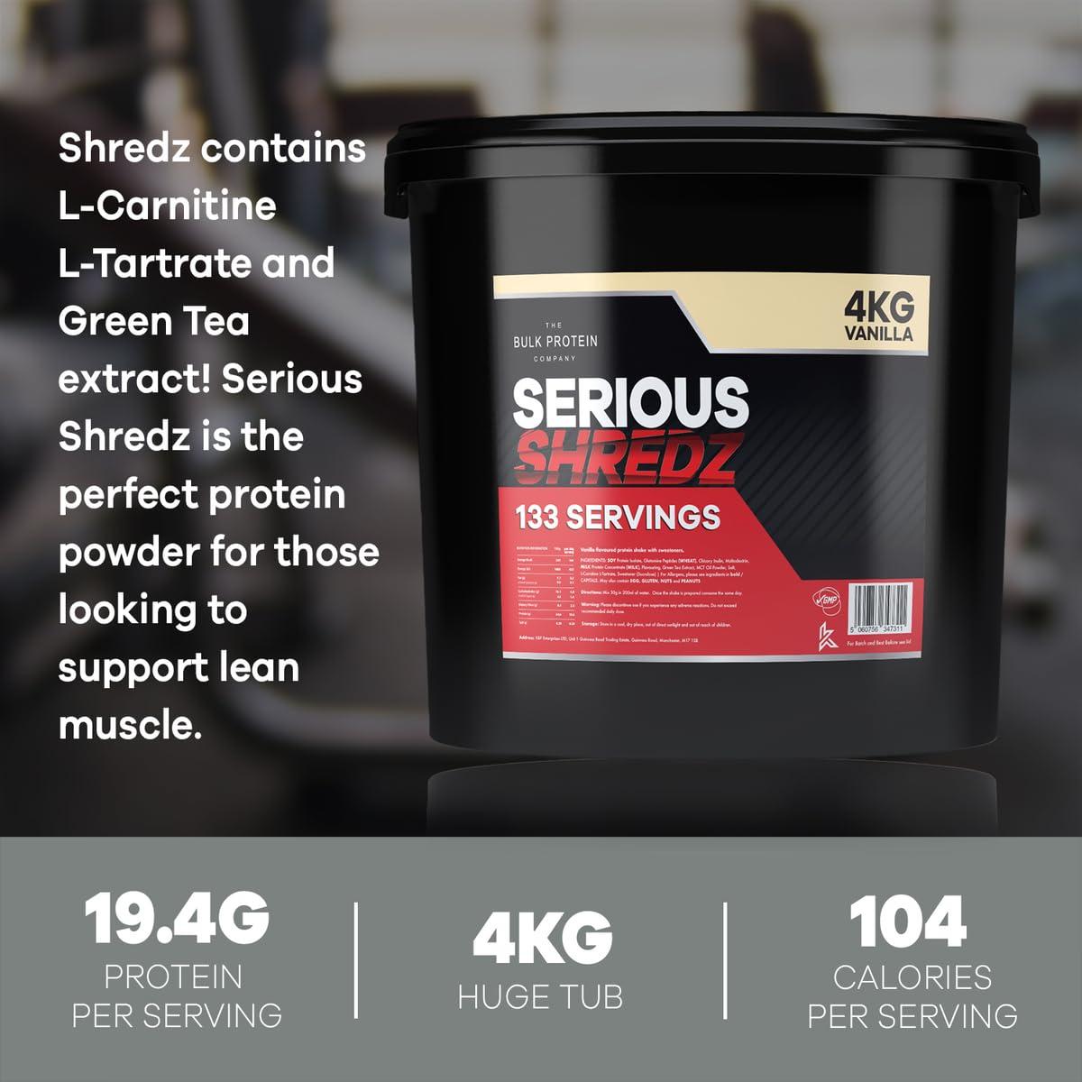The Bulk Protein Company Serious Shredz 4kg Diet Whey Protein Powder Contains L-Carnitine L-Tartrate and Green Tea Extract Supports Lean Muscle Growth, 133 Servings The Bulk Protein Company (Vanilla)