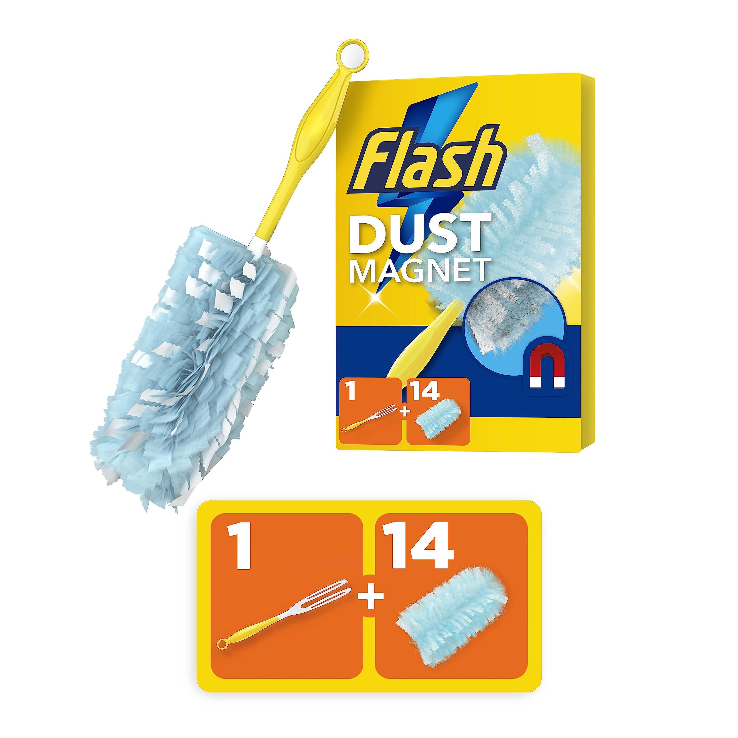 FLASH Flash Duster Dust Magnet Starter Kit, Dusters, 1 Handle + 14 Refills, Trap And Lock Away Dust, Dirt And Hair In No Time, Flash Dust Magnet Refill