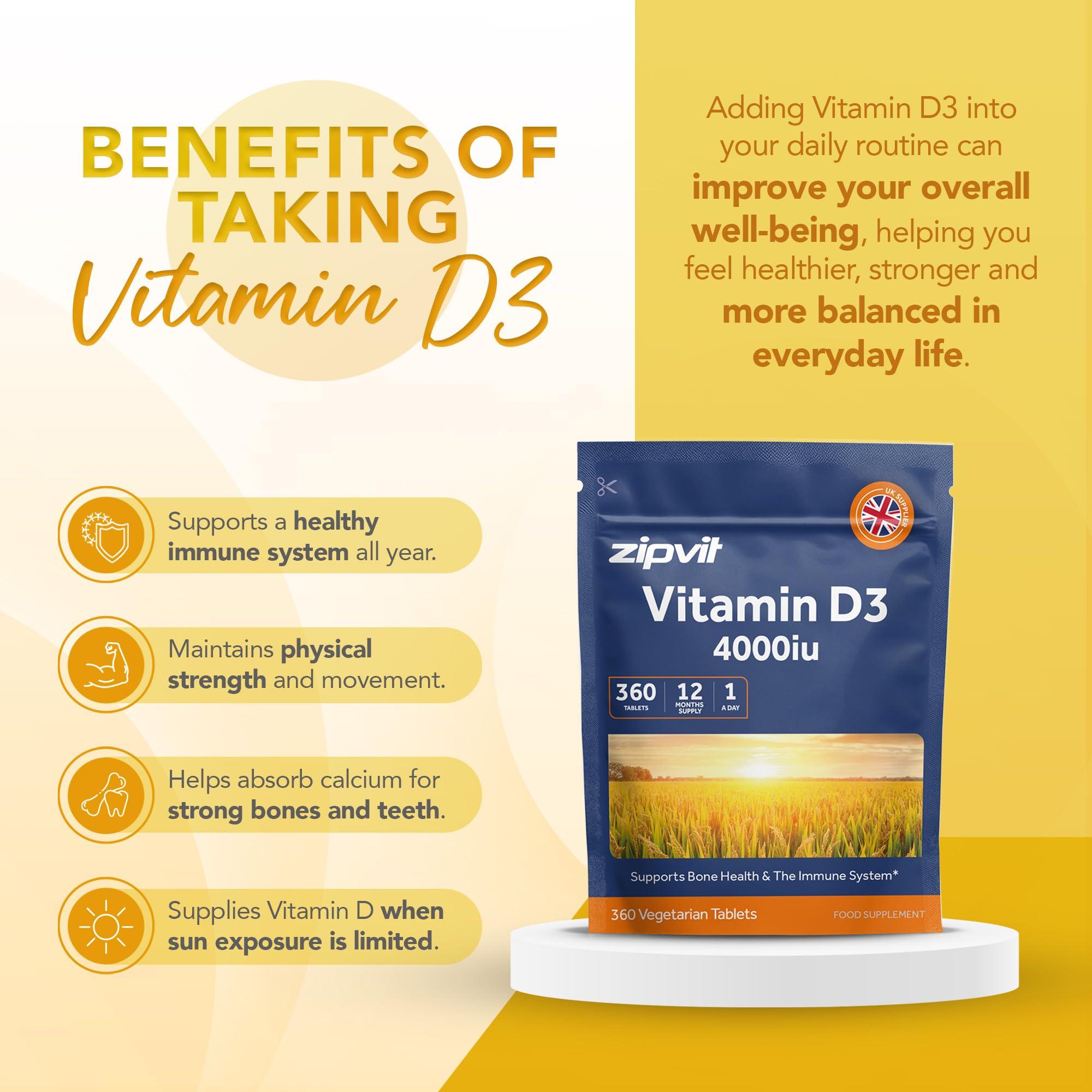 Zipvit Zipvit Vitamin D3 4000 IU, 360 Maximum Strength Vitamin D Tablets, 12 Months Supply, Vegetarian, 1 a Day, VIT D3 As Cholecalciferol, Supports Bones Muscles, Immune System