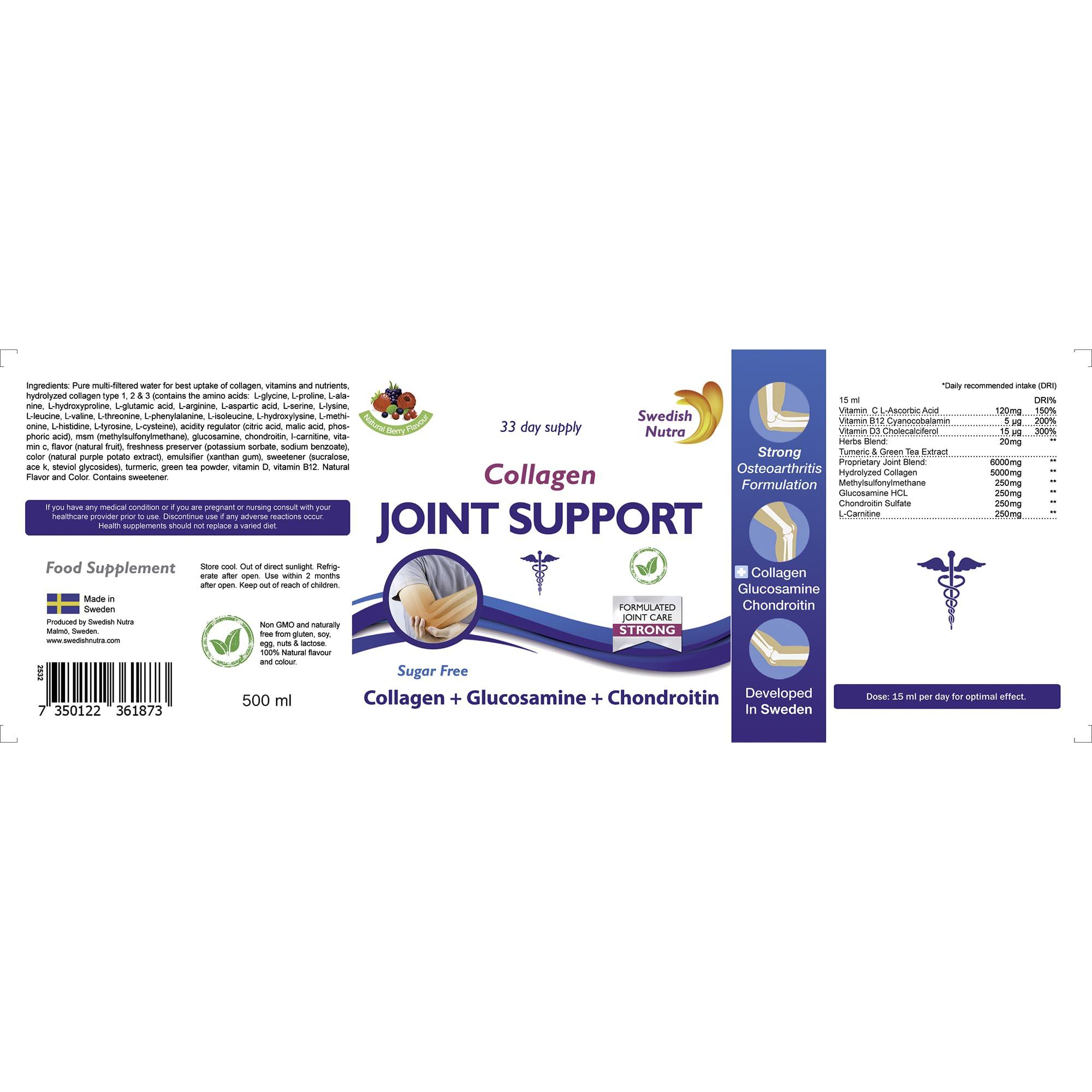 Swedish Nutra Swedish Nutra - Joint Support Collagen - Pack of 500ml, 33 Day Supply | Berry Flavour | with Glucosamine & MSM | 100% Natural Flavour, Sugar & Gluten Free | High Absorption Rate