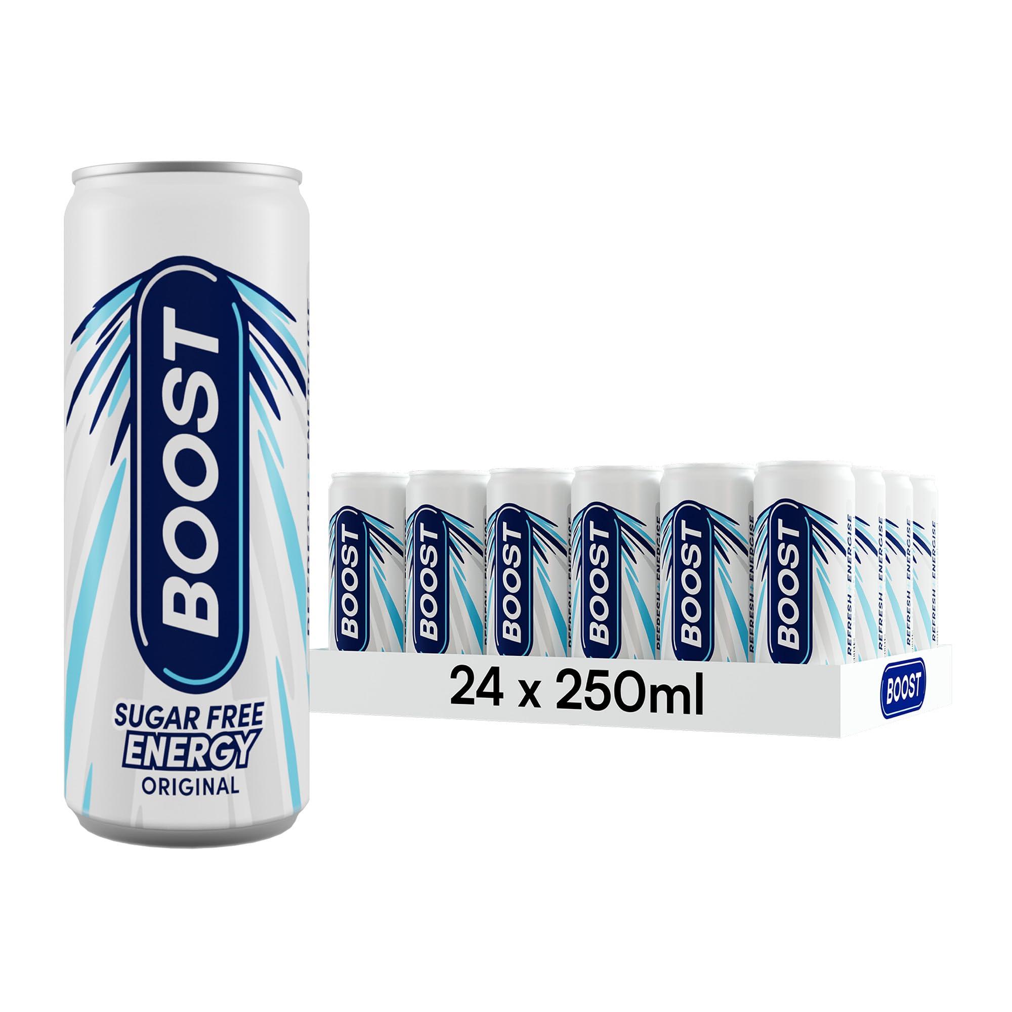 Boost Boost Energy Drink Sugar Free Original - 24 Pack Drinks with Caffeine, Taurine and Vitamin B | Carbonated Energy Drinks | Gluten Free Vegan Low Calorie Zero Sugar Fizzy Drinks | 24x250ml