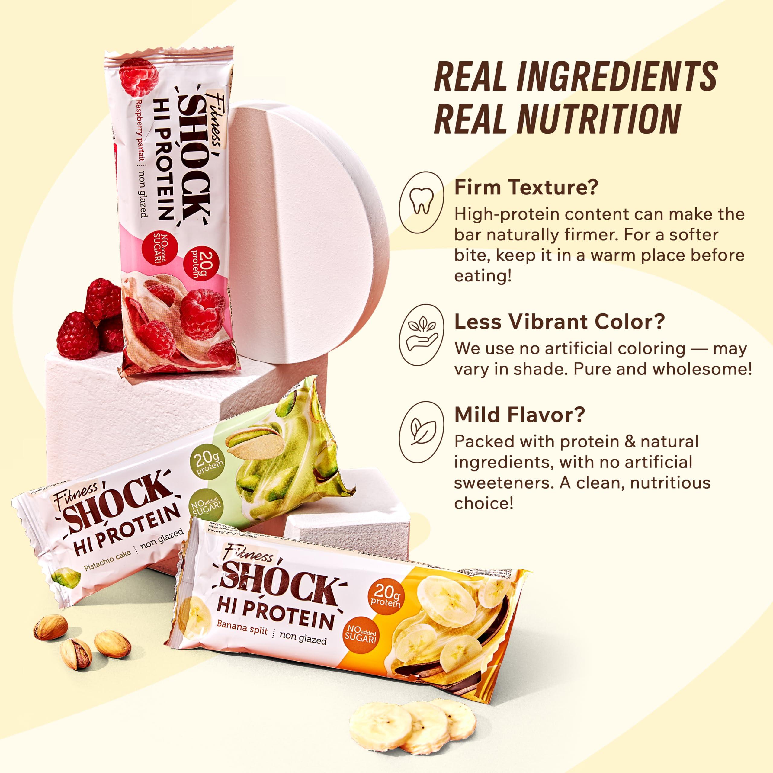 FitnesSHOCK FitnesSHOCK High Protein Bars - High 20G Protein Content Protein Bar With No Added Sugar, Low Calorie Low Carb High Fibre, Banana Split Flavour 12Pcs 60G