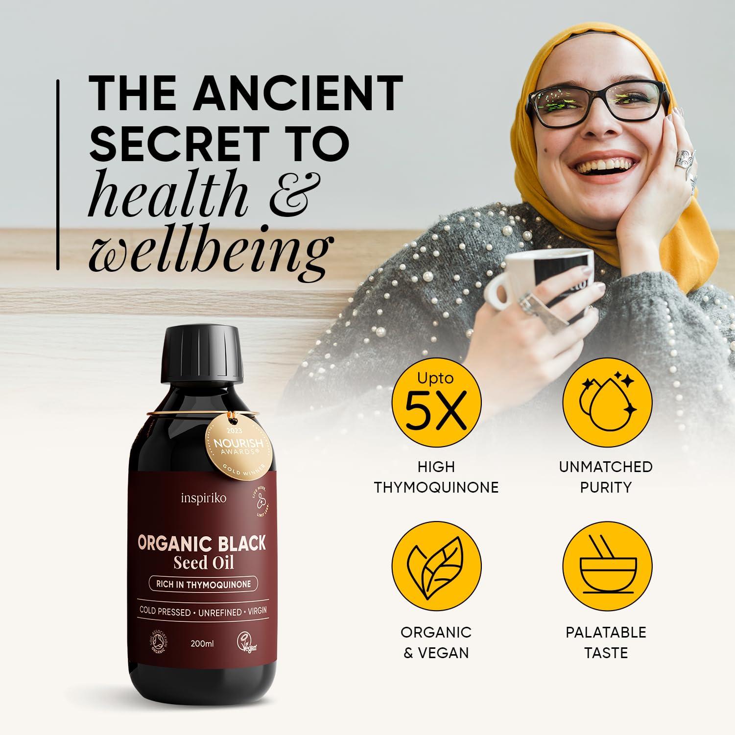 Inspiriko Black Seed Oil Organic Cold Pressed. Up to 5X Strength. Award Winning Organic Black Seed Oil - Known as Cumin, Cold Pressed Nigella Sativa, and Kalonji, 200 ml