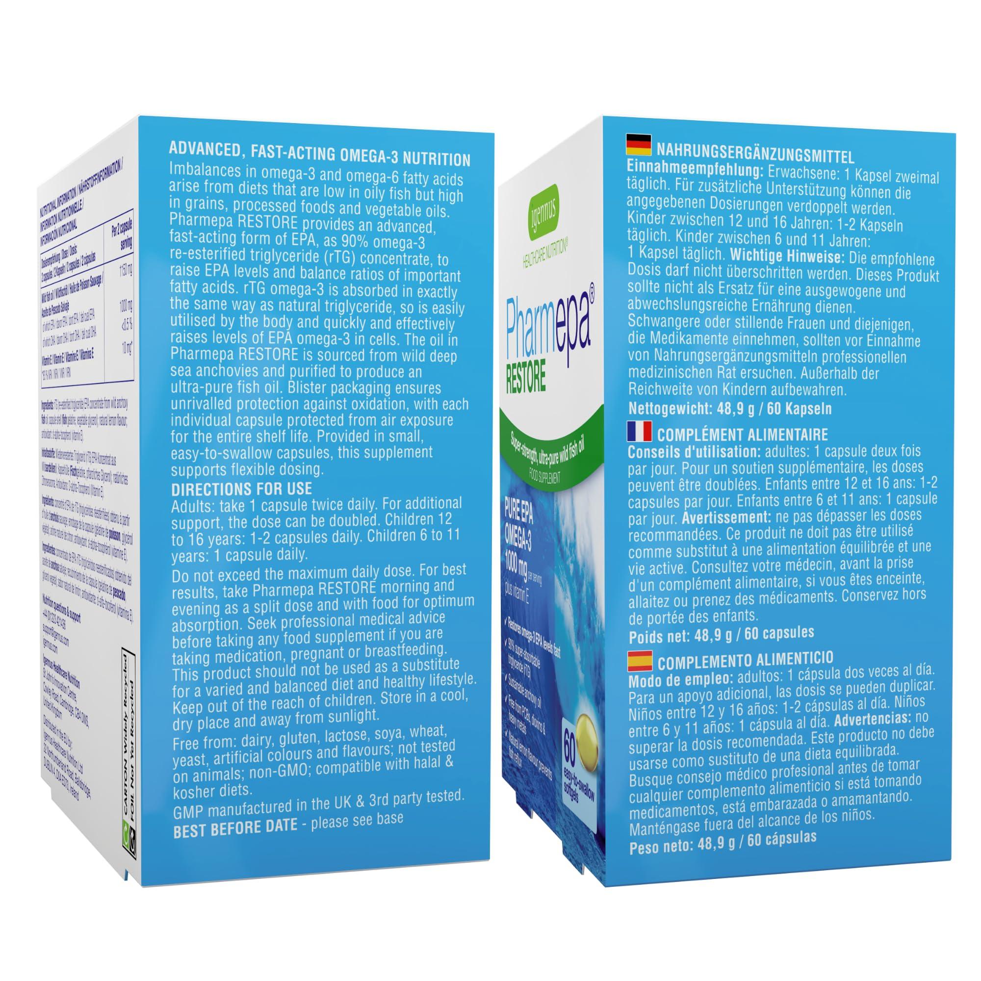 Igennus Healthcare Nutrition Igennus Pharmepa Restore, 1000mg Pure EPA Triglyceride Form Omega-3 Fish Oil, Highly Absorbable rTG Form, 90% Concentration, Wild & Sustainable, Lemon Flavour, 60 Softgels