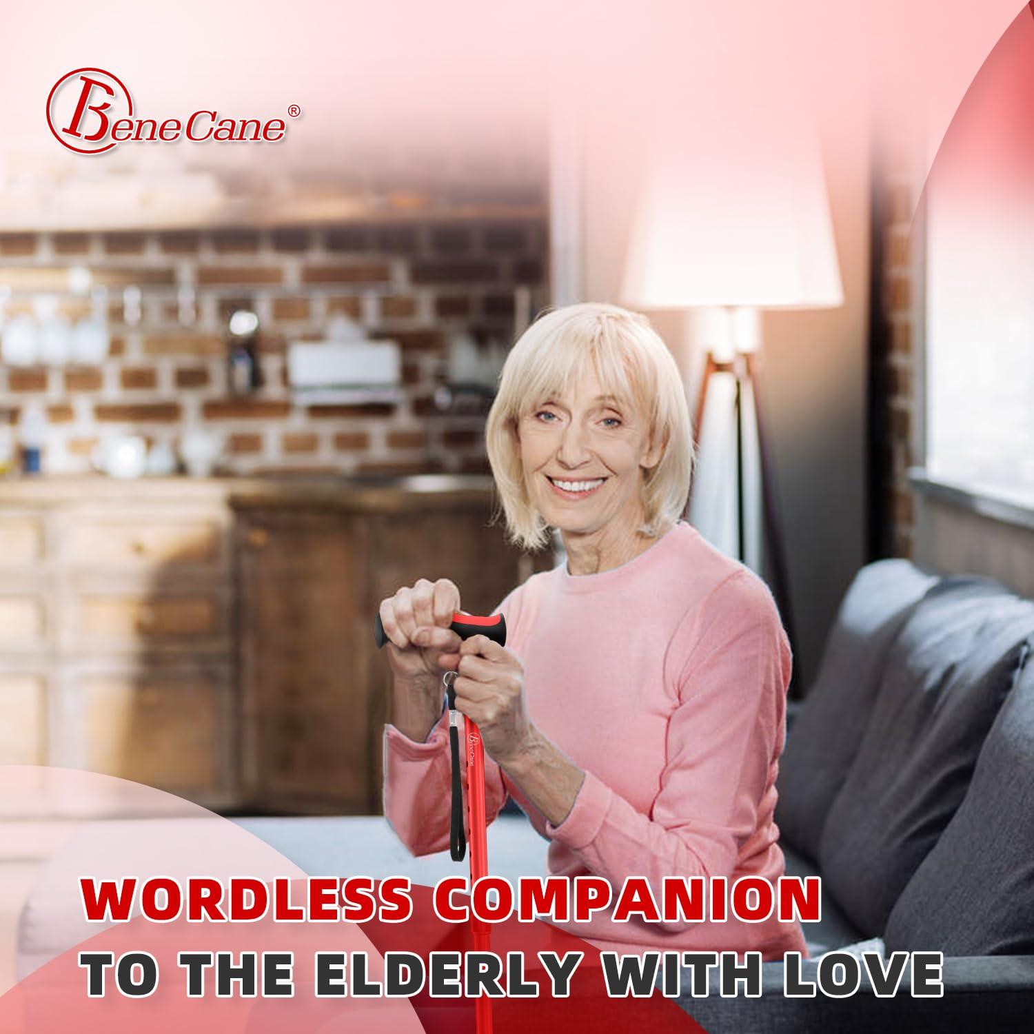 BeneCane BeneCane Walking Cane for Men & Women Walking Stick for Seniors Folding Canes Quad Cane Adjustable Lightweight Sturdy Free Standing Collapsible Heavy Duty with Soft TPR T-Handle and Travel Bag