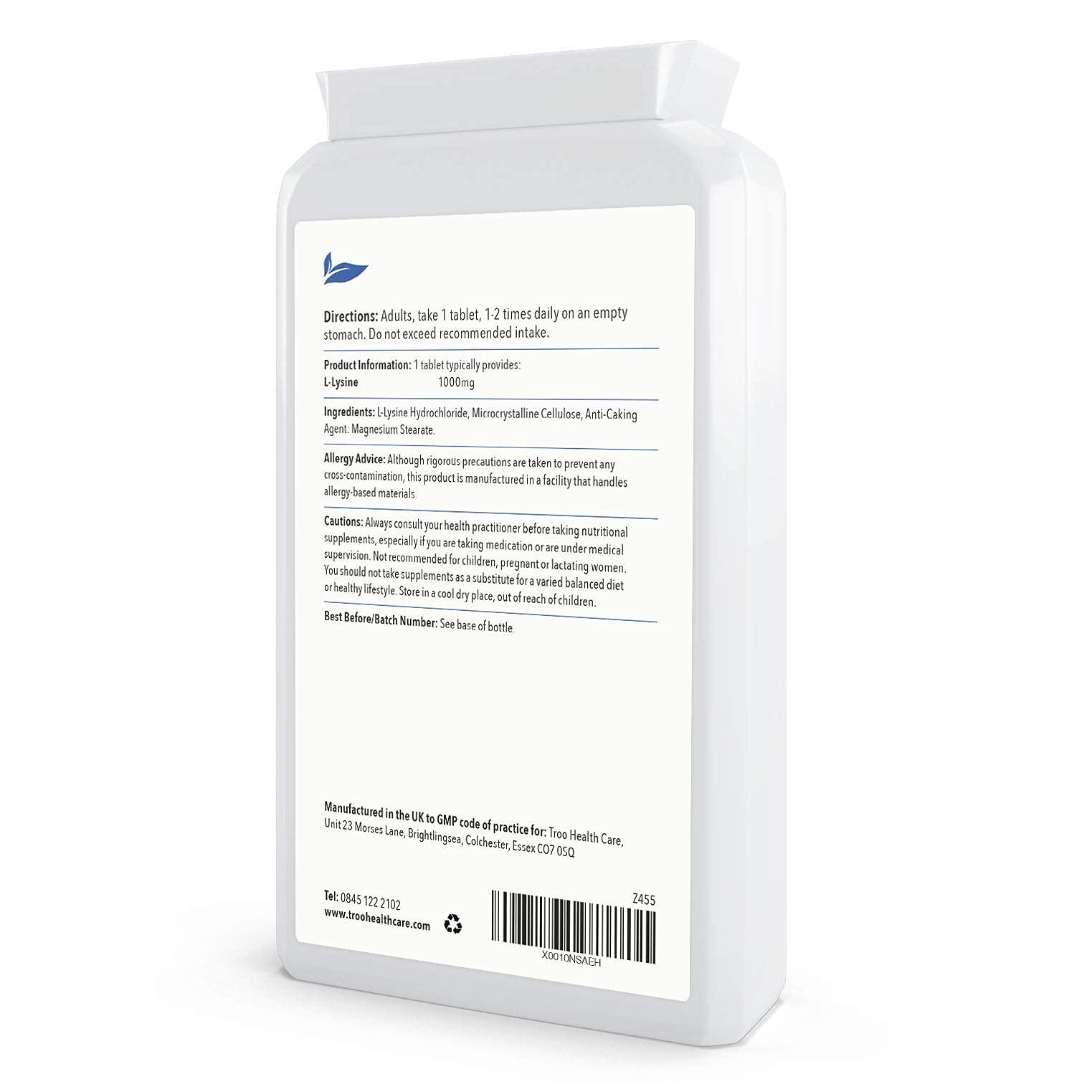 Troo Health Care Troo Health L-Lysine Supplement (1000mg) - 90 Tablets - UK Manufactured to GMP Standards