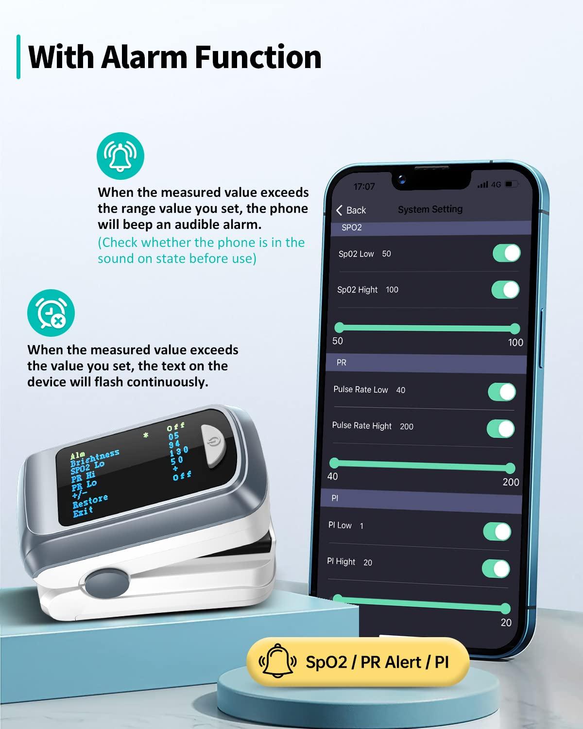 HealthTree Pulse Oximeter HealthTree Oxygen Monitor Fingertip, Bluetooth Pulse Ox with Free APP, O2 Pulse Oximeter Finger and Heart Rate Monitor, 2 X AAA Batteries, Lanyard