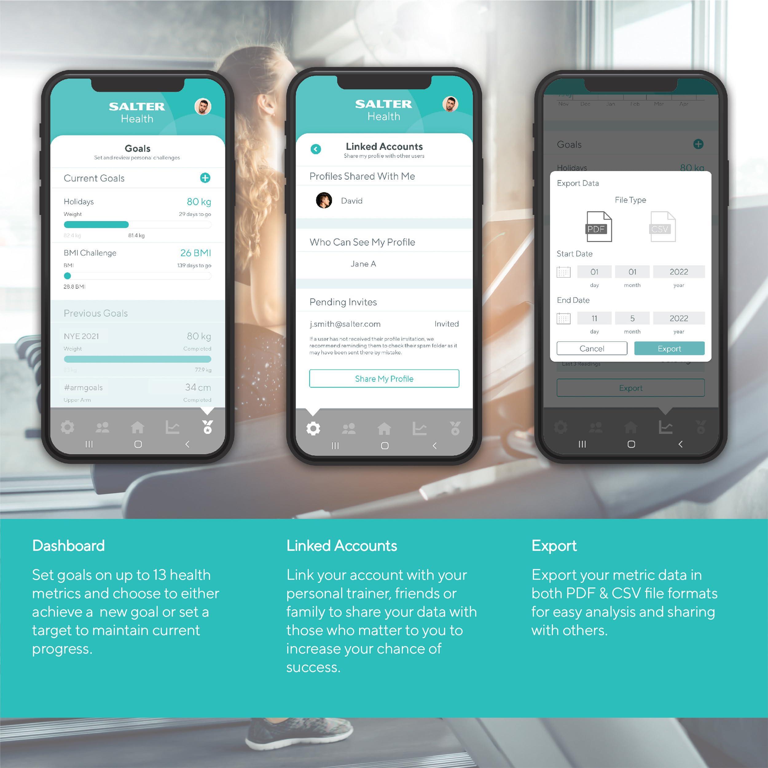 Salter Salter SA00432GFEU6 Bathroom Smart Scale Bluetooth Digital Scale, 200kg, Measure Weight, Body Fat/Water, Muscle/Bone Mass, BMI/BMR, 8 User Memory, Connect to Phone with Free Salter Health App, Grey