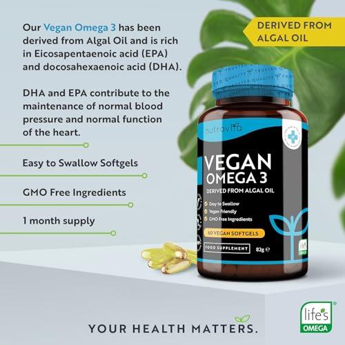 Nutravita Vegan High Strength Omega 3 2000mg Soft Gels - 600mg DHA & 300mg EPA per Serving - Plant-Based Omega 3 Softgels Derived from Sustainable Algal Oil - 60 Vegan Softgels - Made in The UK by Nutravita