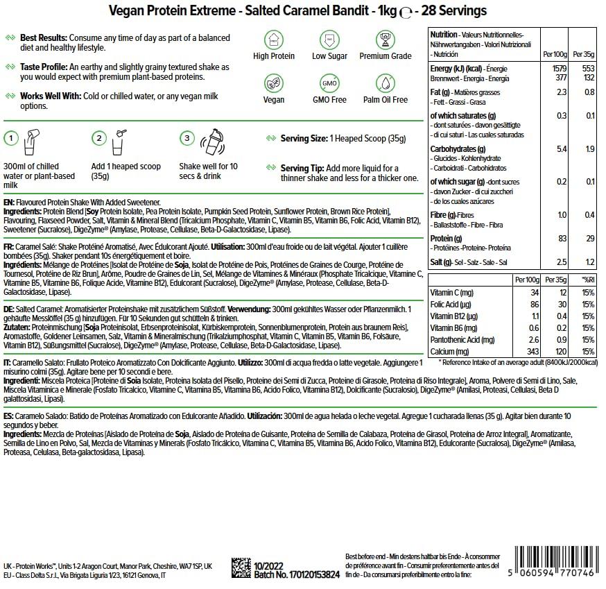 Protein Works Protein Works - Vegan Protein Extreme , Added Vitamin Blend , Vegan Protein Powder , Plant Based Protein Shake , 28 Servings , Salted Caramel Bandit , 1kg