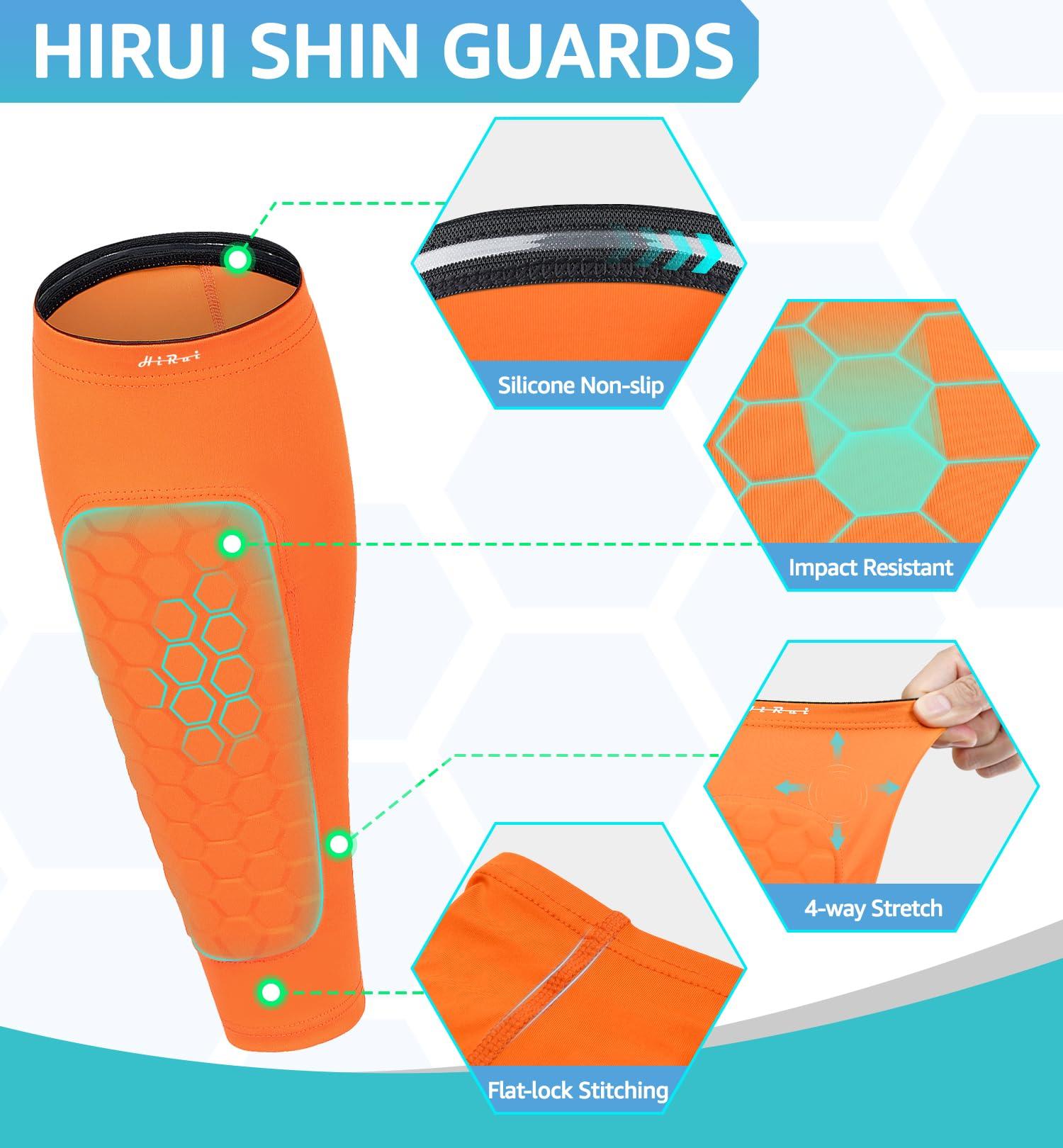 HiRui HiRui Soccer Shin Guards Shin Pads for Kids Youth Adult, Calf Compression Sleeve with Honeycomb Pads, Support for Shin Splint Baseball Boxing Kickboxing MTB, Lightweight(1PAIR)(Orange, L)