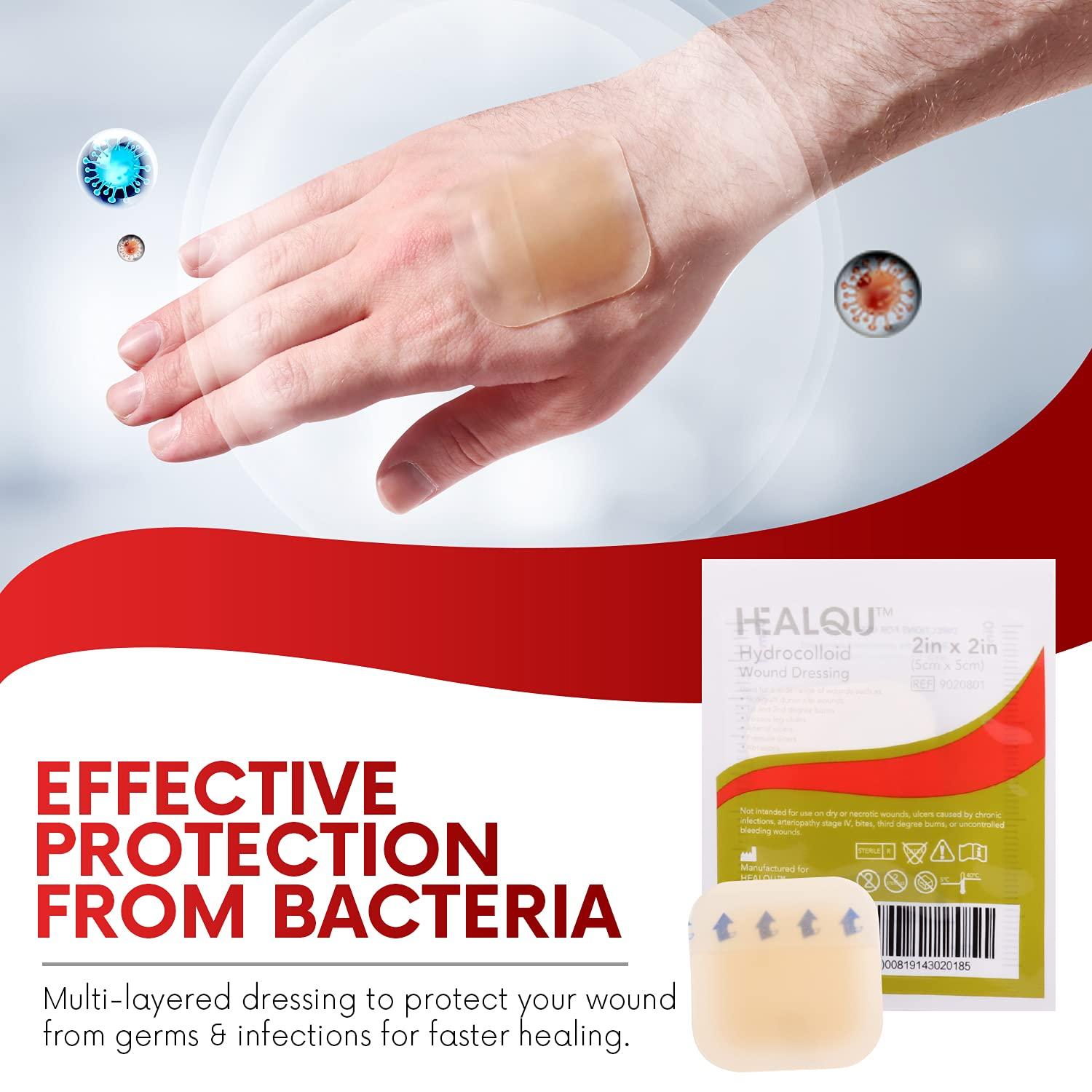 Healqu Healqu Hydrocolloid Wound Dressing - 2x2" Thin - Box of 20 Large Bandages - Abrasions, and More - Waterproof and Absorbent with Protective Standard