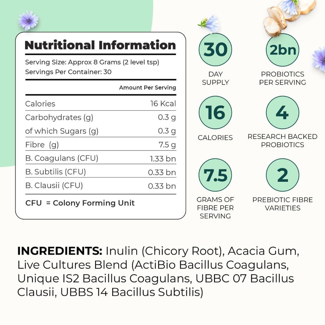 Inspiriko 15g Soluble Fibre Supplement - 50% NHS Daily Prebiotic Fibre Powder with Inulin, Acacia Gum, 2 Billion CFU in Probiotics Powder. 6-in-1 Tasteless Prebiotics for Gut Health, 240 Grams