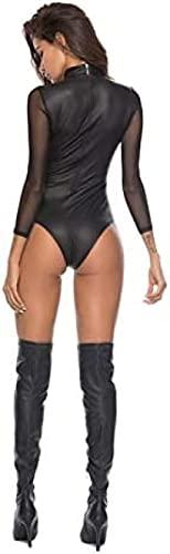 ANTIY Faux Leather Bodysuit Women's Sexy Wetlook Lingerie Mesh Transparent Bodysuit Faux Leather Catsuit,Black,X-Large