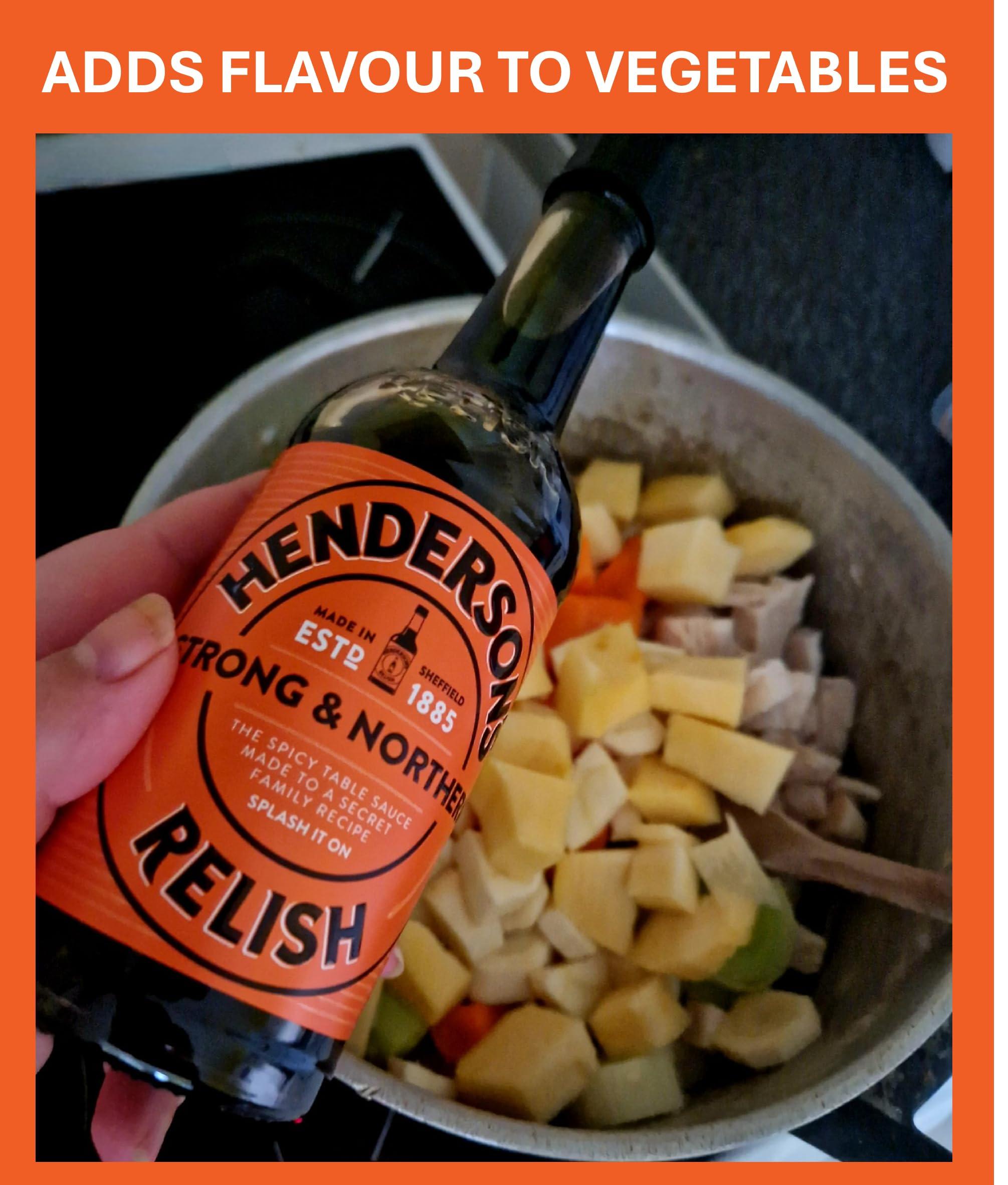 Henderson's Relish Henderson's Relish. An alternative to Worcestershire Sauce. Gluten Free Sauce. Plant Based Ingredients. Suitable for Vegans. 4.55 Litre with FREE PUMP DISPENSER