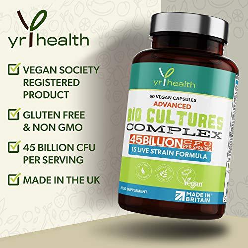 yrhealth Vegan Bio Cultures Complex - 45 Billion CFU, 15 Active Bacteria Strains - Maximum Strength Multi Strain Complex - Probiotics Women Gut Health and Men, 60 Capsules - Made in The UK by YrHealth