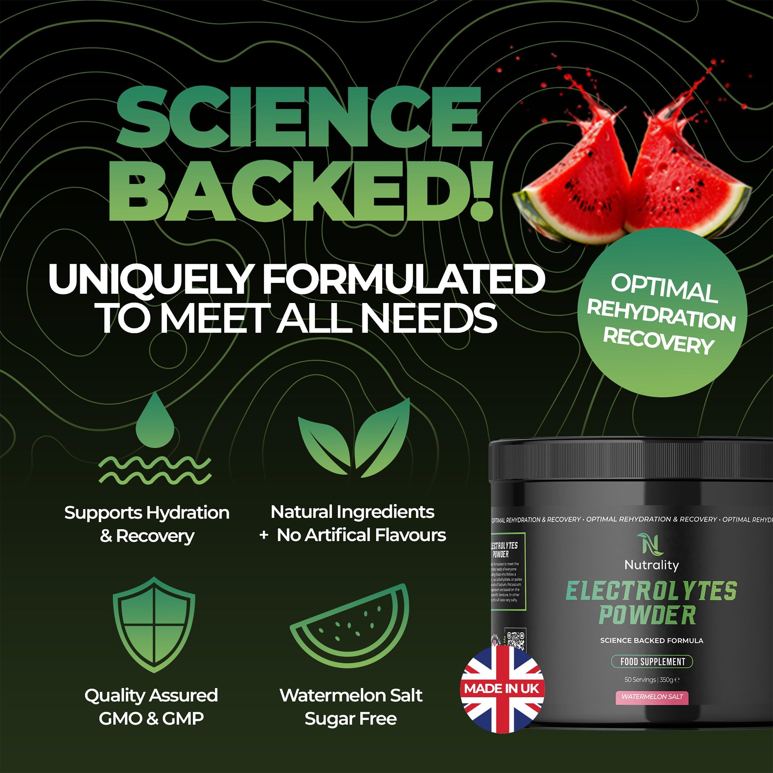 Nutrality Nutrality Electrolytes Powder 350g | Vegan | Sugar, Calcium & Artificial Flavour Free | Keto Electrolytes, Paleo Hydration | 1000mg Sodium, 200mg Potassium & 60mg Magnesium | 50 Servings | Watermelon