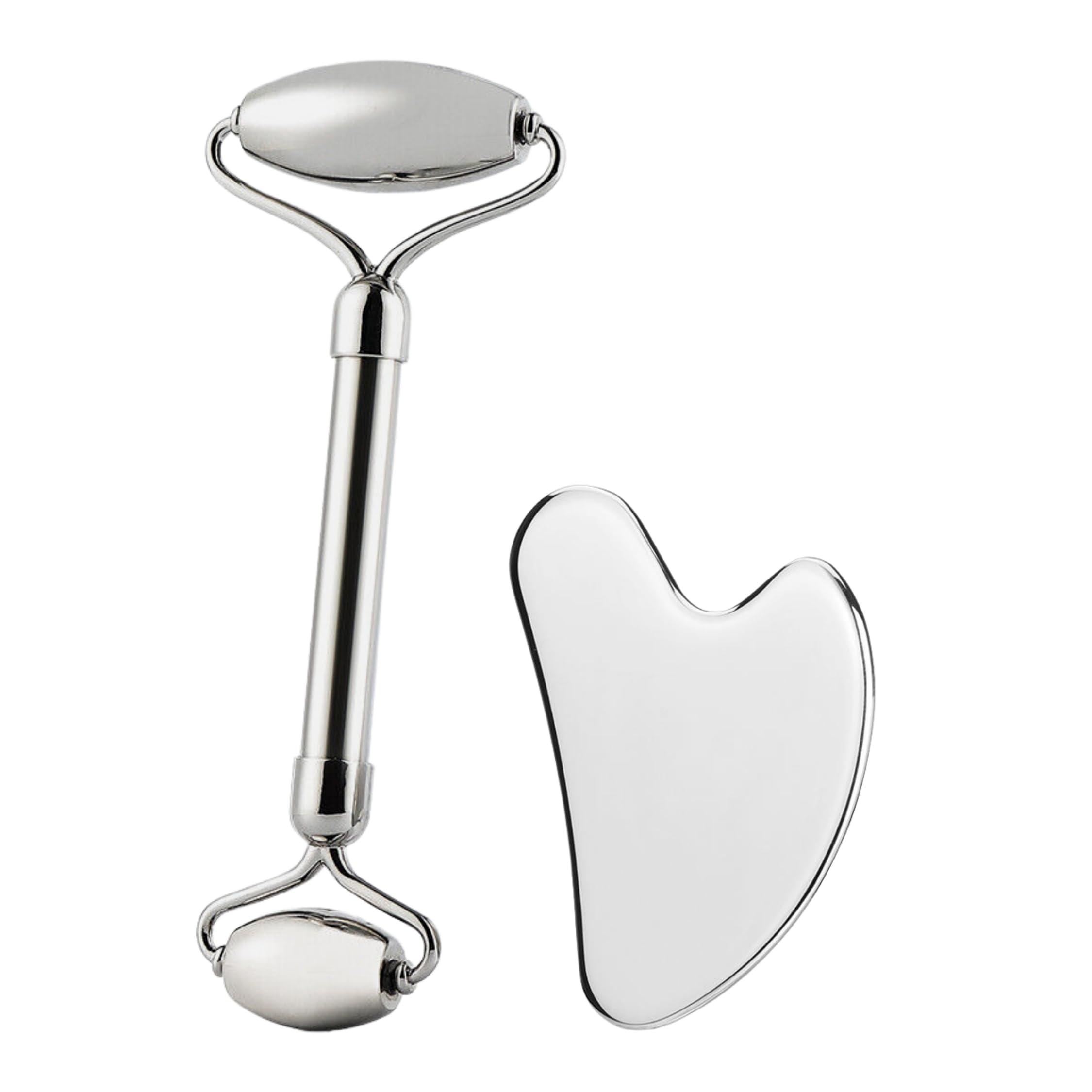 SV life Facial Roller + Gua Sha Stone Set 304 Stainless Steel | Metal Tools Kit for Body Massage, Face, Eyes, Chin, Back, Cellulite Legs | GuaSha Cold Effect Roller