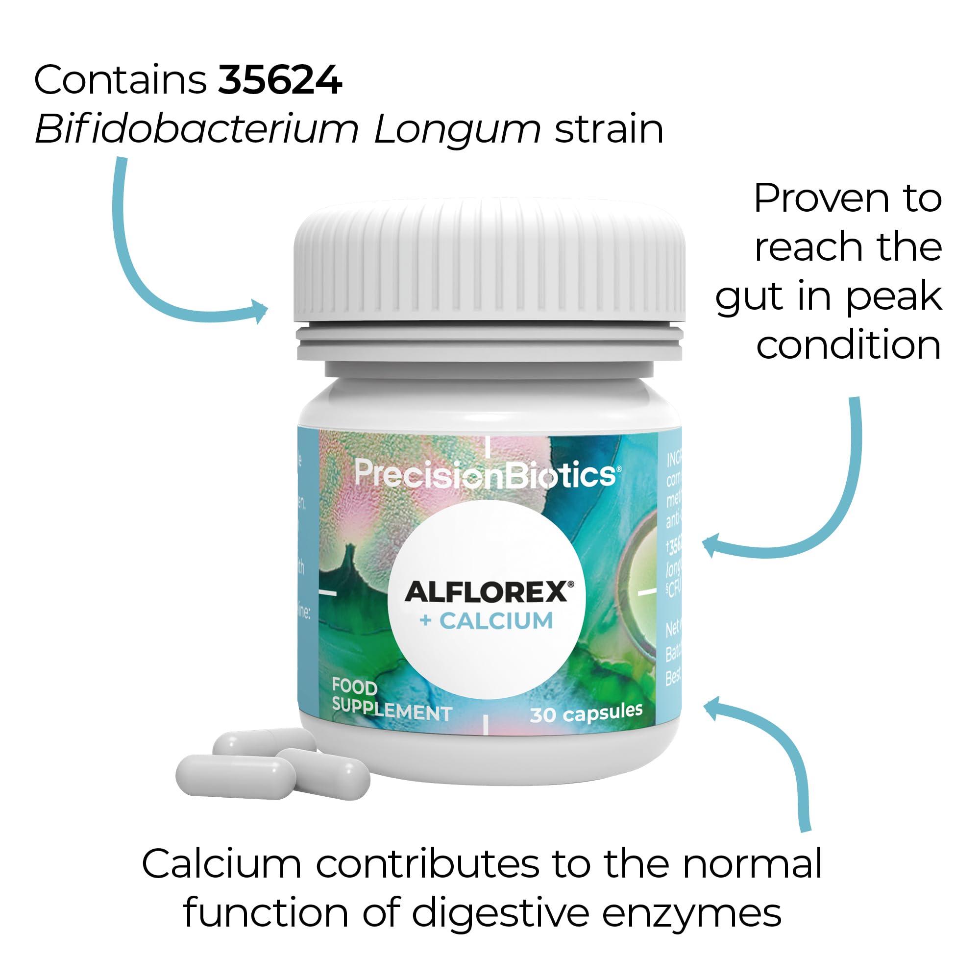 PrecisionBiotics Alflorex + Calcium 12 Week Plan - Daily Gut Health Probiotics Supplement with Unique Bifidobacterium Longum Bacteria Strain 35624 + Calcium - Bacterial Cultures - 90 Capsules