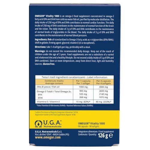 OMEGOR OMEGOR Vitality 1000-90 Capsules - Omega-3 with 800mg EPA/DHA per Capsule | The Only Omega-3 IFOS 5-Star Certified Since 2006 | 90% Omega-3 in rTG Form | High Dosage EPA and DHA