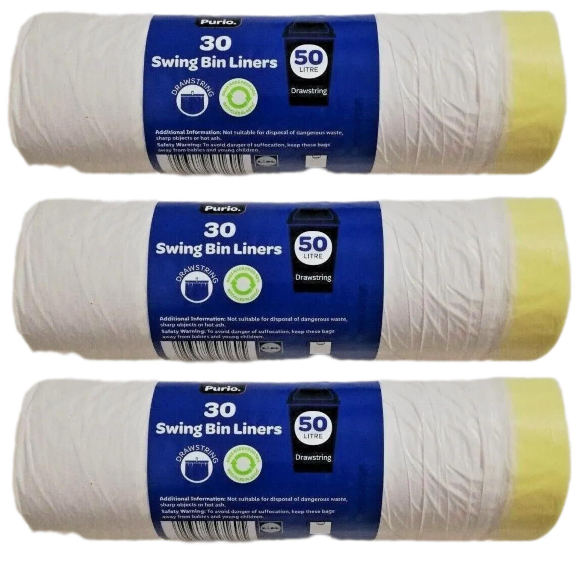 Purio. Lidl Purio - 30 Swing Bin Liners | 50 Litres | Drawstring Bag | 76cm x 63cm | x 3 [TRIPLE PACK]