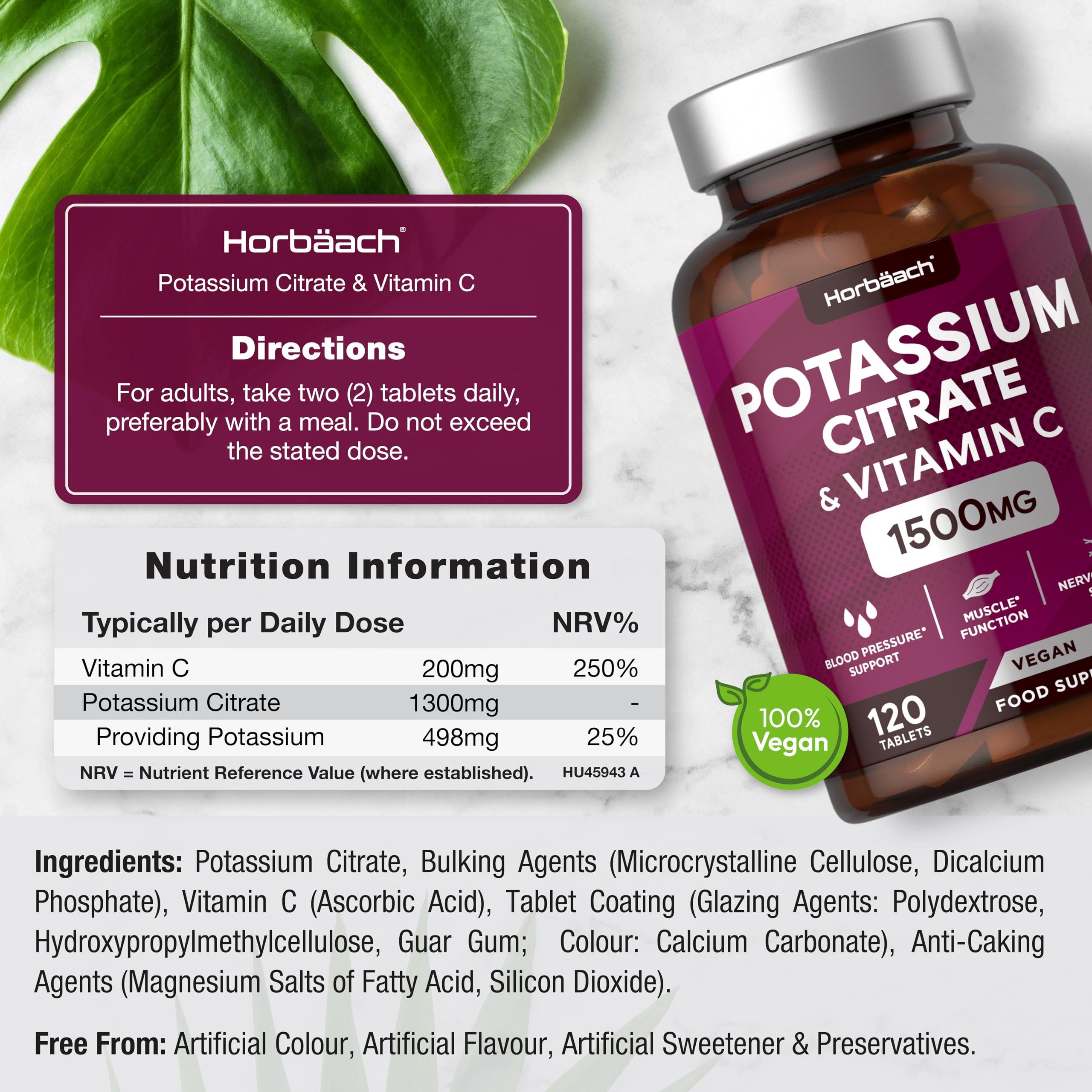 Horbach Potassium Supplement 1500mg with Vitamin C | High Strength Potassium Citrate | Electrolyte Tablets | 120 Count | 100% Vegan | by Horbaach