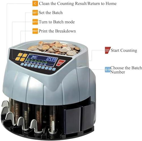 HENLYEN Commercial Coin Counter Machine, Electric Coin Sorter with LED Display, 8 Coin Bins, 216 Units/min and Supports Counting and Sorting, Add and Batch Mode, for Supermarket, Shop, Home, Business.