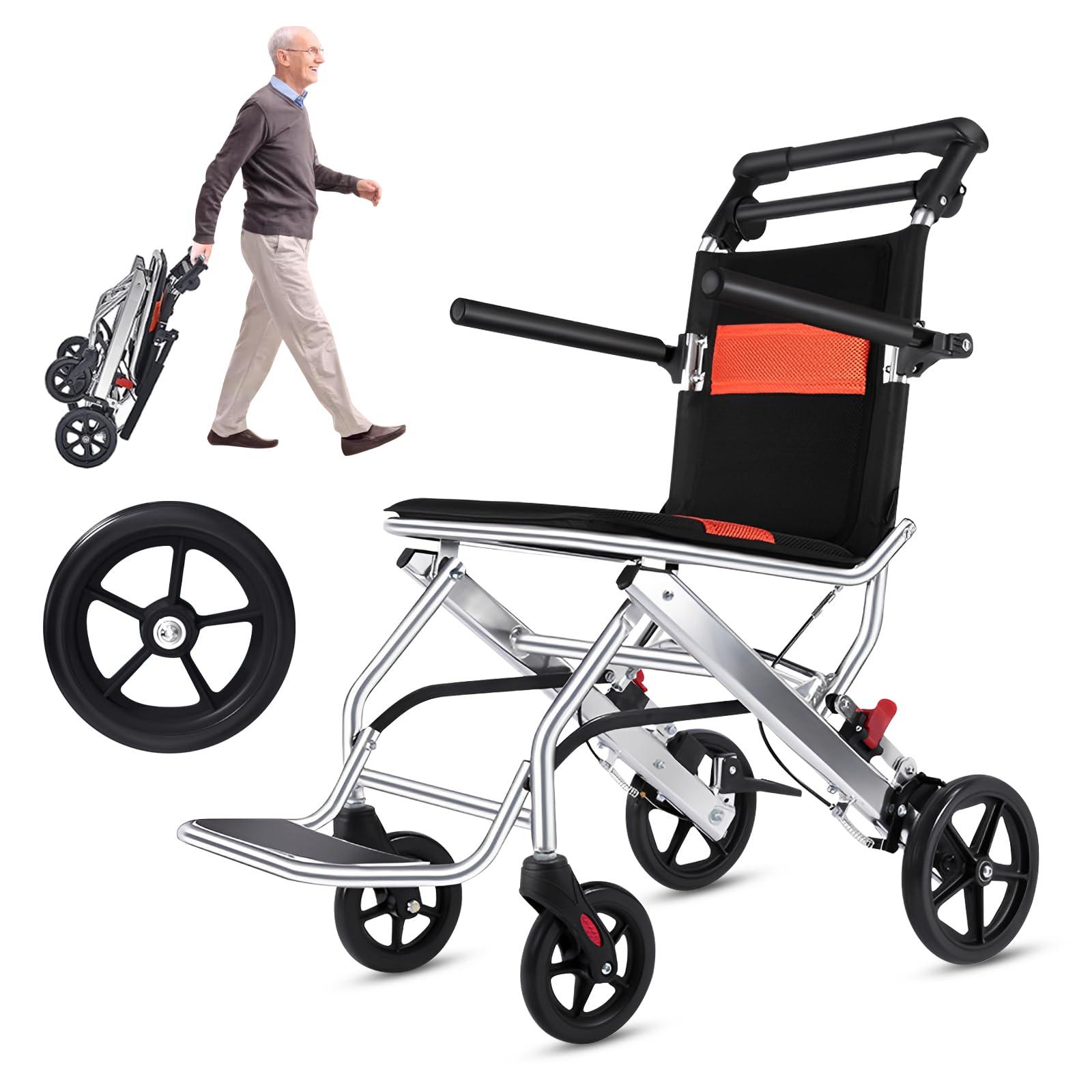 FreshCart Basics Lightweight Wheelchair, Portable Foldable Wheelchairs, Hand Brake Aluminum Alloy Ultra Lightweight Travel Wheelchair, for Adults Children