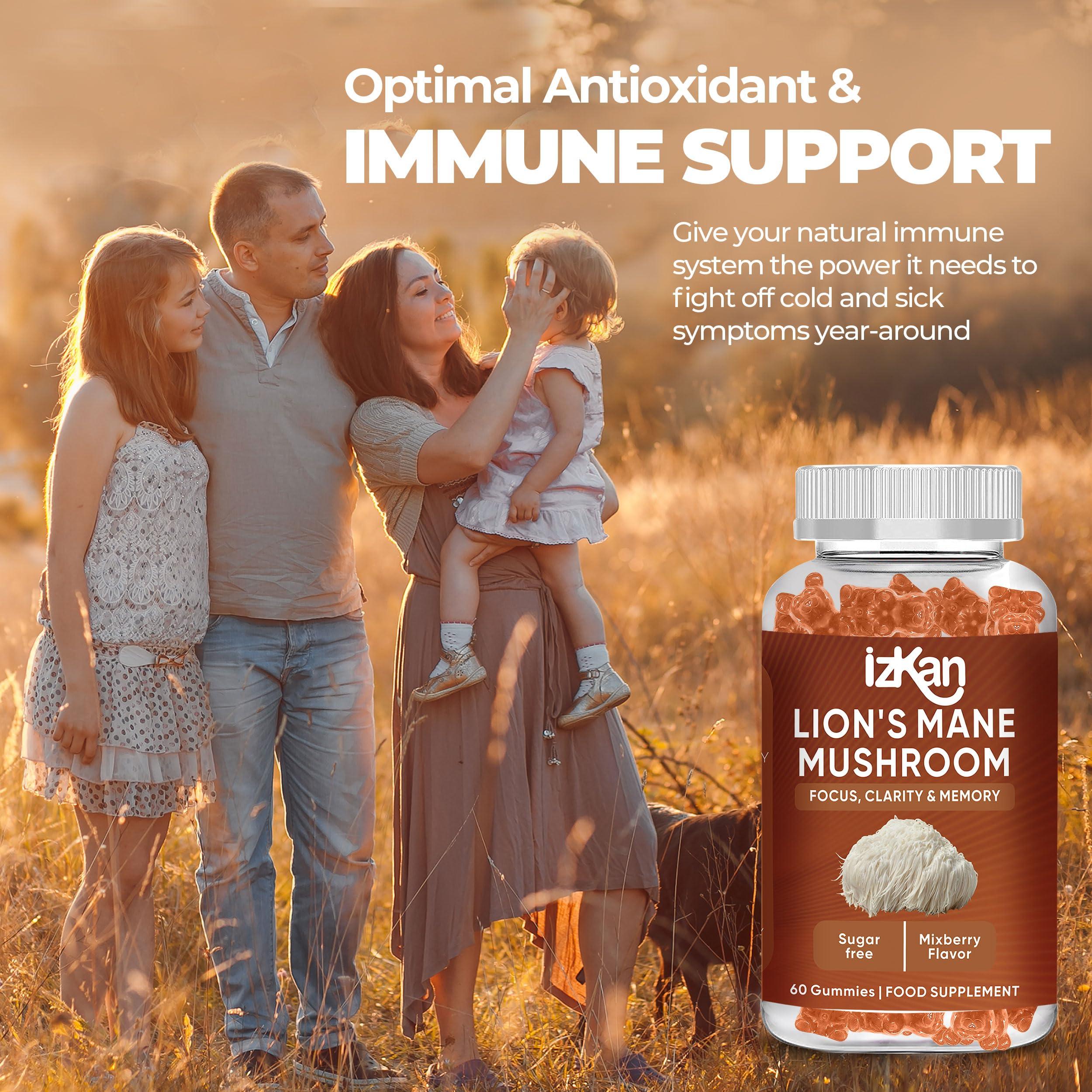 Izkan Mushroom Gummies 1000mg - Lion Mane Mushroom Gummies Supplement Promotes Focus, Memory, and Mood - 60 Count (Mixed Berry Flavor, Halal, Gluten-Free, Vegan) (2)