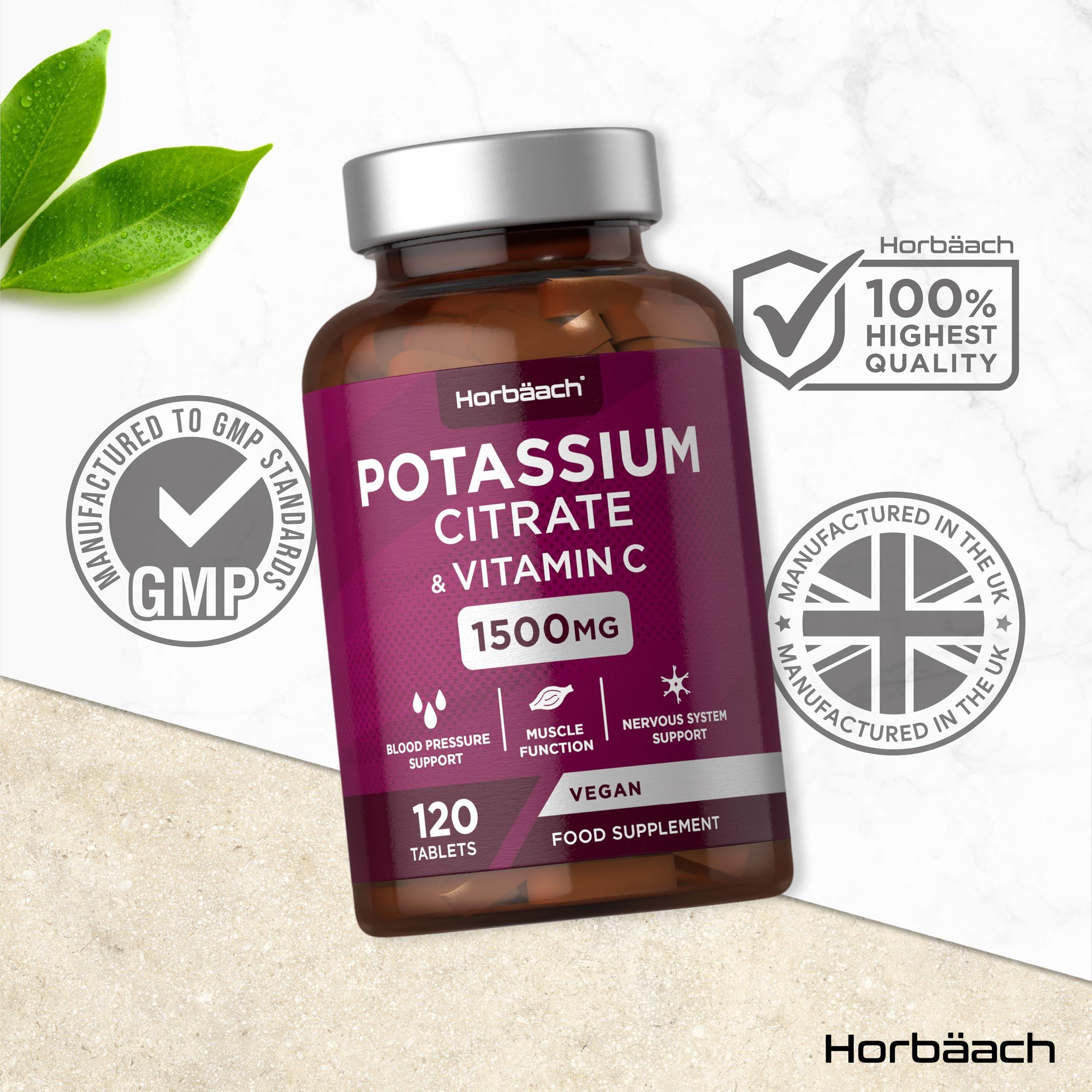 Horbach Potassium Supplement 1500mg with Vitamin C | High Strength Potassium Citrate | Electrolyte Tablets | 120 Count | 100% Vegan | by Horbaach