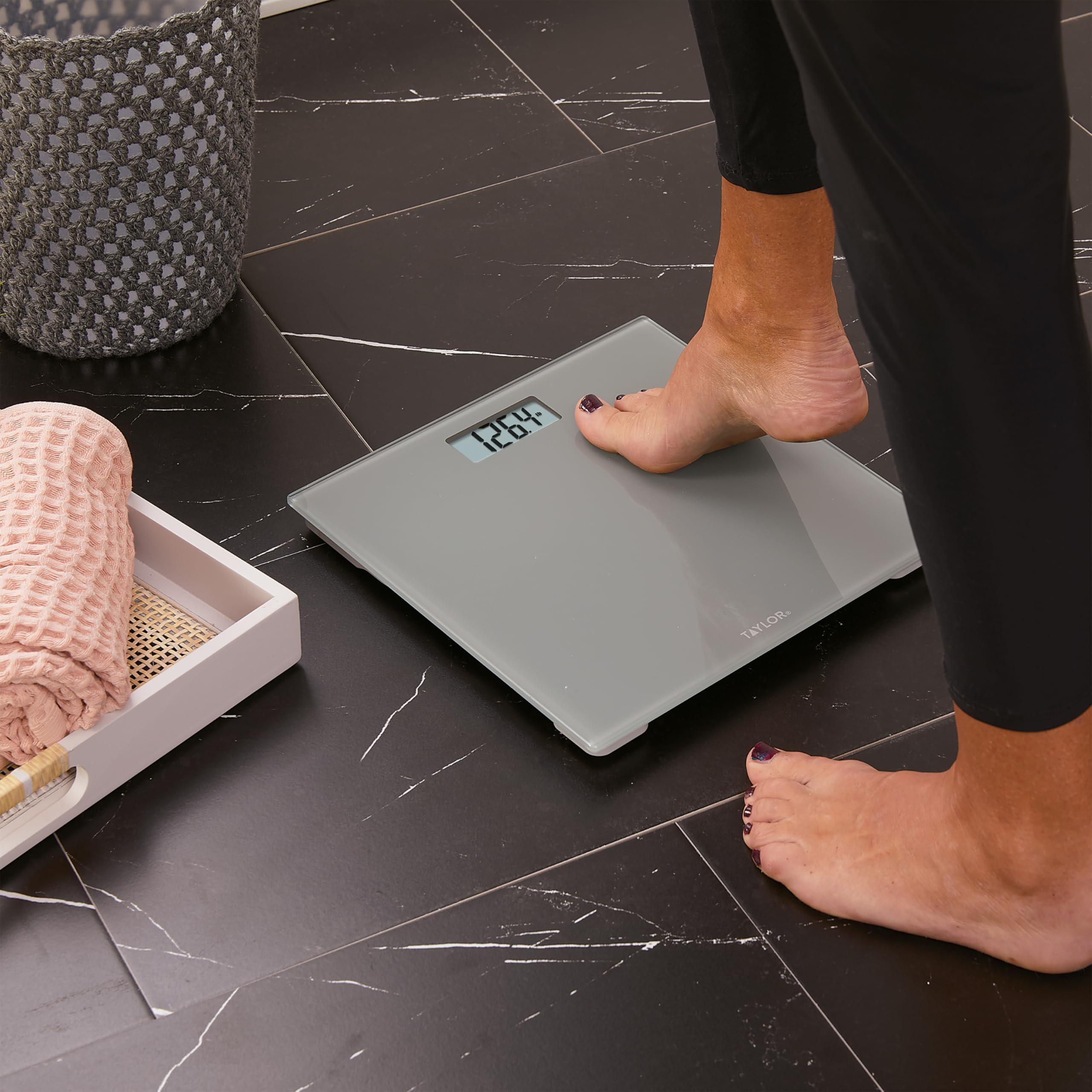 Taylor Taylor Digital Scales for Body Weight, Highly Accurate 350 LB Capacity Bathroom Scale, 11.0 x 11.0 Inch Durable Glass Platform, Battery Powered, Easy to Read, Gray