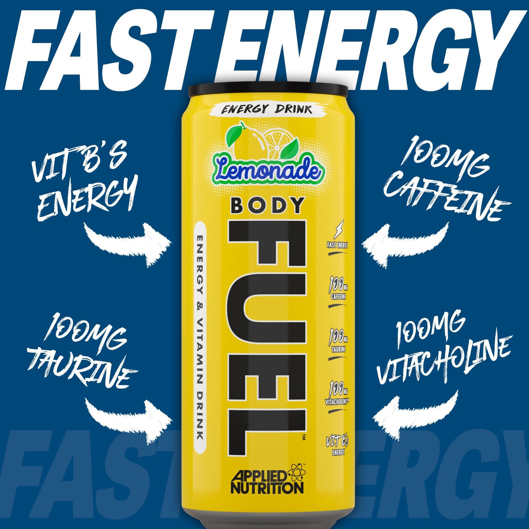 Applied Nutrition Applied Nutrition BodyFuel Energy & Vitamins Drink - Fast Energy, Energy Drink, Sugar Free with Caffeine (Pack of 12 Cans x 330ml) (Blue Raspberry)