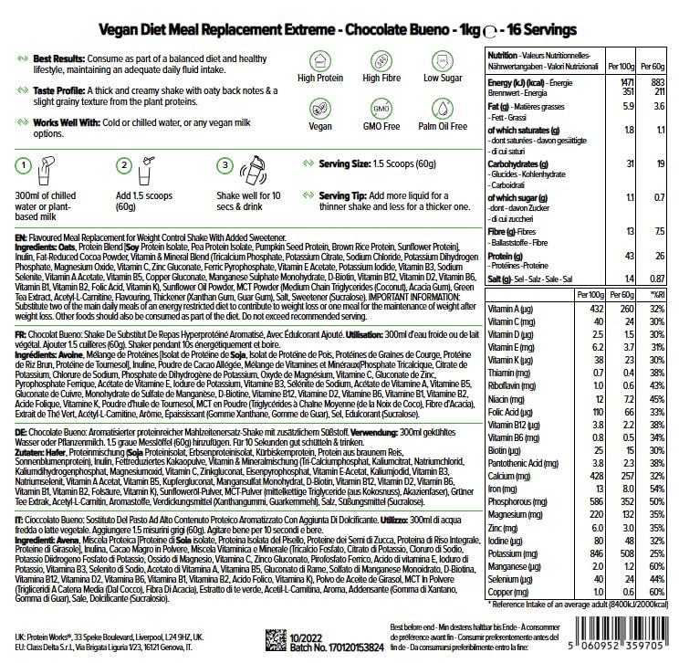 THE PROTEIN WORKS Protein Works - Vegan Diet Meal Replacement Extreme, 200 Calorie Meal, Up to 25g Protein, Plant Based, 16 Meals, Chocolate Bueno, 1kg