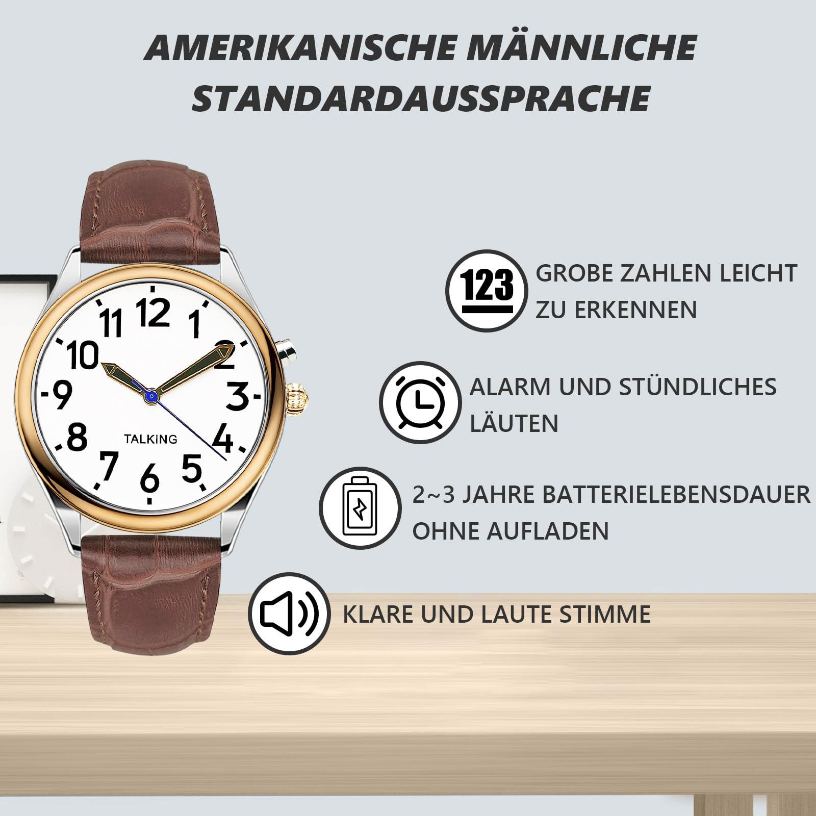 MAUJOY MAUJOY Talking Watch for Men for Blind Seniors with Visual Impairment, Loud and Clear Voice, Speaks German, Brown-a, Modern