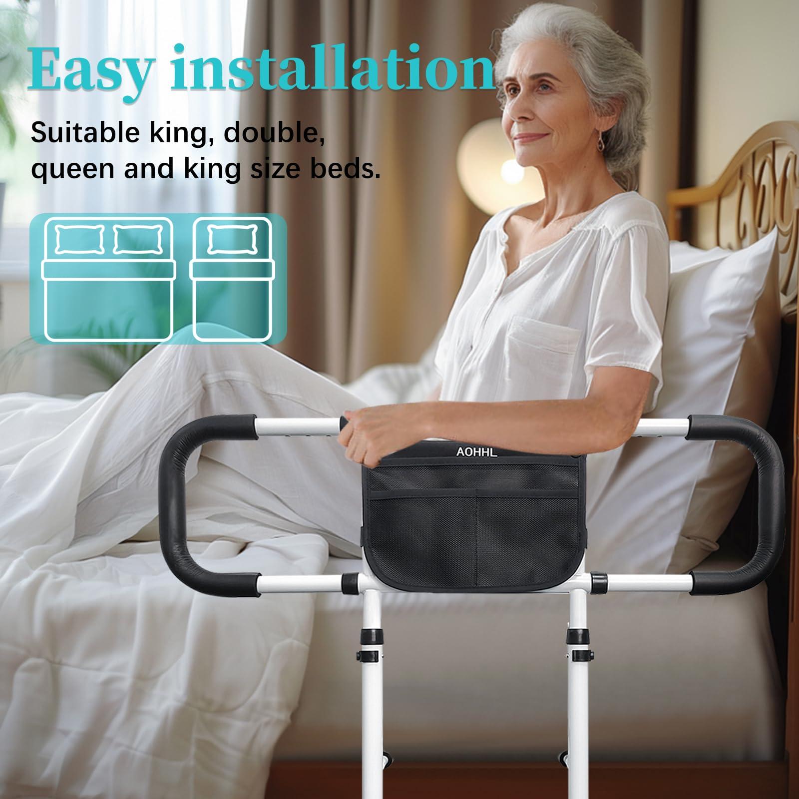 AOHHL Bed Rails for Elderly Adults Safety with Adjustable Heights Storage Pocket Assist Support Side Railings for Seniors Citizens Slides Under Mattressbed Cane Bed Guard Bed Handles Bars (White)