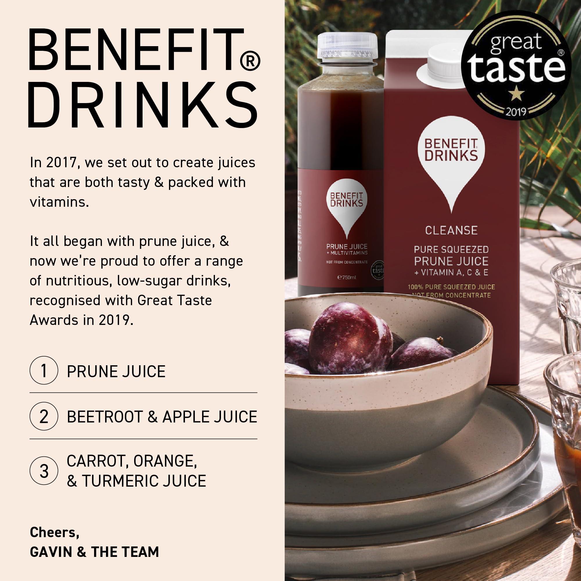 Benefit Drinks Benefit Drinks 100% Not from Concentrate Pure Prune Juice - 6 x 750ml Cartons - Prune Juice for Constipation with with Vitamin A,C and E- Health Foods - Healthy Drinks