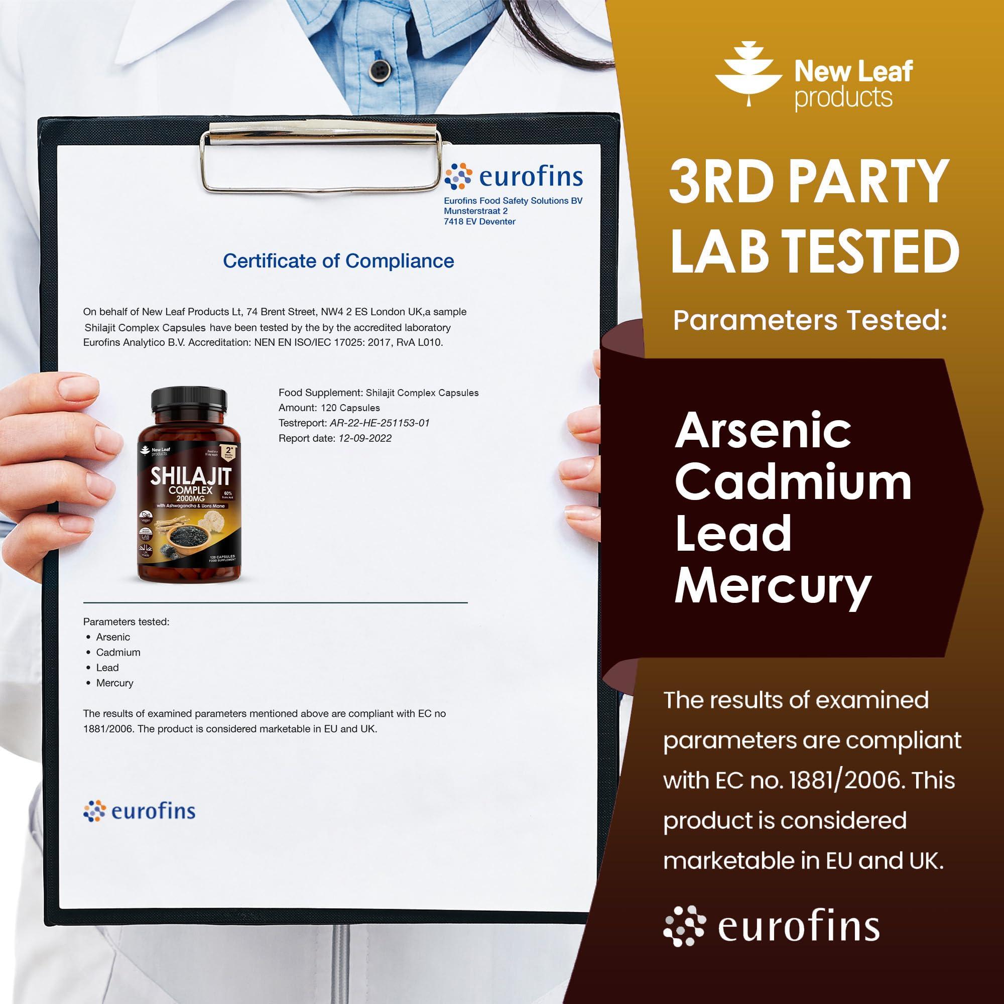 NEW LEAF PRODUCTS Shilajit Complex - Himilayan Shilajit enriched with Ashwagandha & Lions Mane, High Strength 2000mg Shilajit Complex Capsules with 60% Fulvic Acid - 2 Months Supply Made in The UK by New Leaf