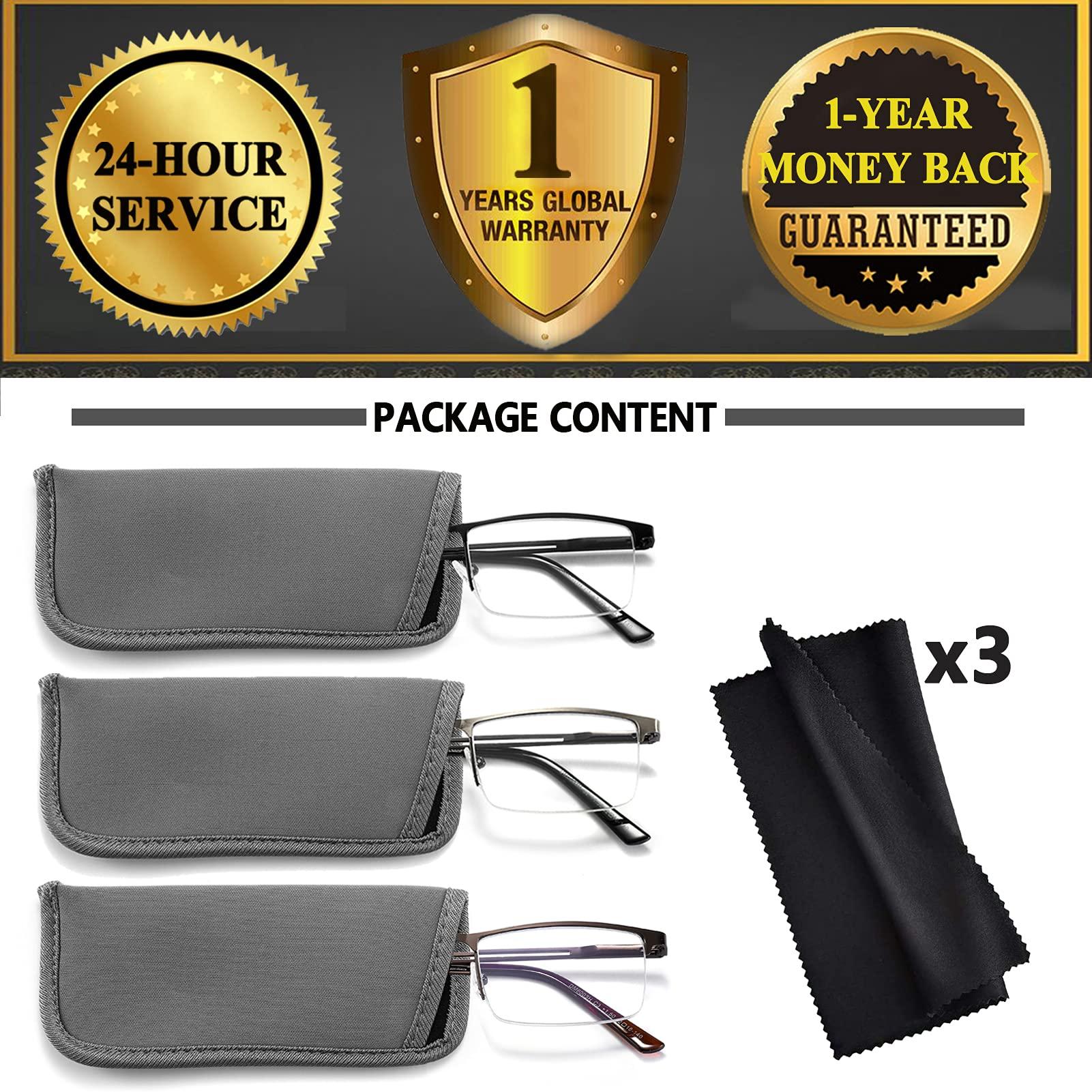 JJWELL JJWELL 3 Pack Blue Light Reading Glasses for Men, Lightweight Metal Rectangle Semi Rimless Readers for Men, Anti Eyestrain/Computer Glare/UV, Half Frame Spring Hinge Eyeglasses with Pouches