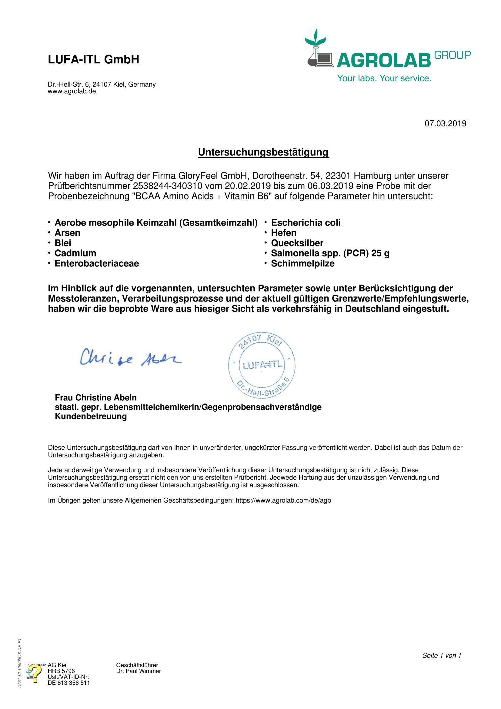 Gloryfeel BCAA 330 Capsules - Essential Amino Acids Leucine, Valine and Isoleucine Plus Vitamin B6 - Laboratory Tested and Made in Germany Without additives